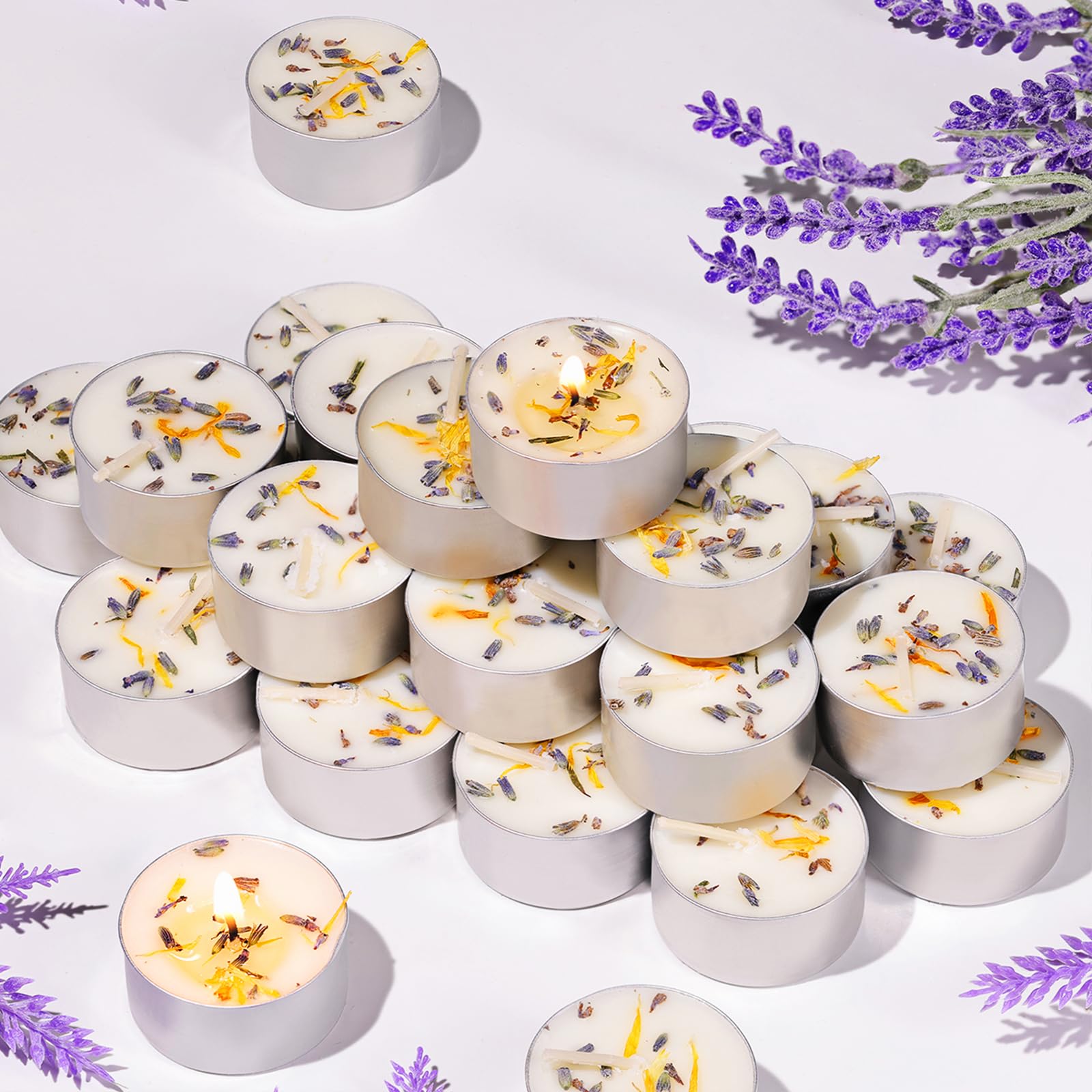 48 Pcs Lavender Scented Tealight Candles, 6H Long Burning - 100% Palm Wax Based Scented Tea Lights with Dried Flowers, Non-Toxic/Smokeless Scented Tea Lights Candles Bulk for Spa, Bath, Wedding