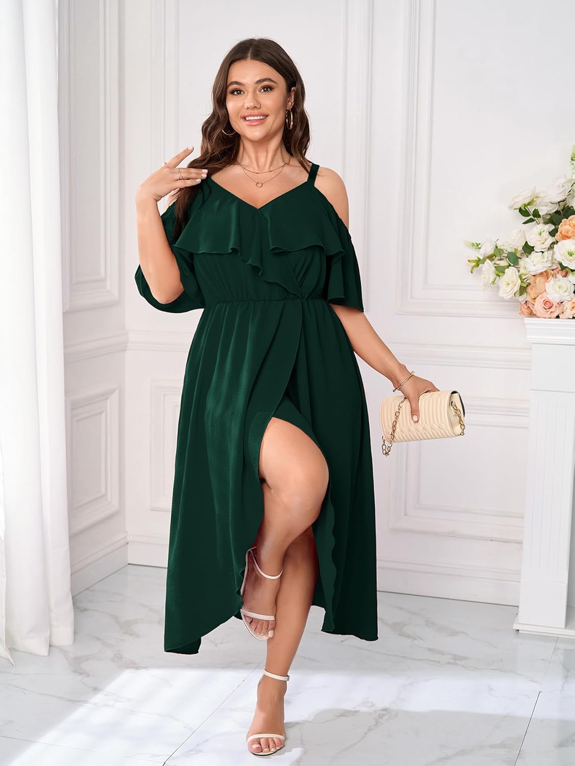 Womens Plus Size Cold Shoulder Dress Short Sleeve Ruffle Summer Sundress High Low Flowy Maxi Long Dresses - Image 3