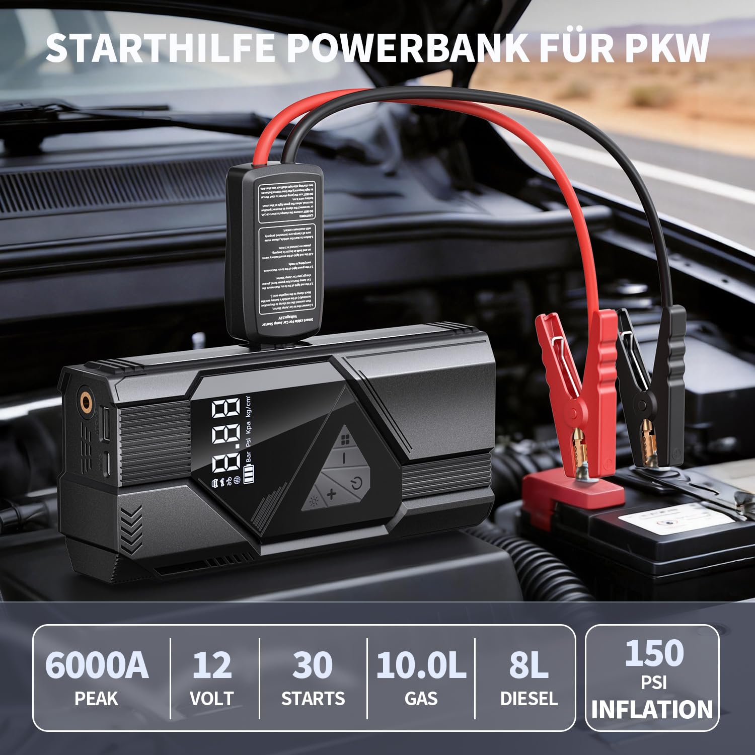 FINIBO powerbank rozruchowy do samochodów z kompresorem, czarny
