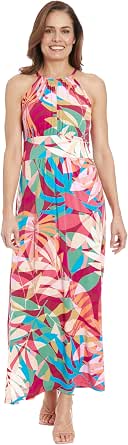 London Times Women's Mesh Halter Maxi Dress | Ruched Waistband, Floor Length, Deep Teal & Gold For Garden Party