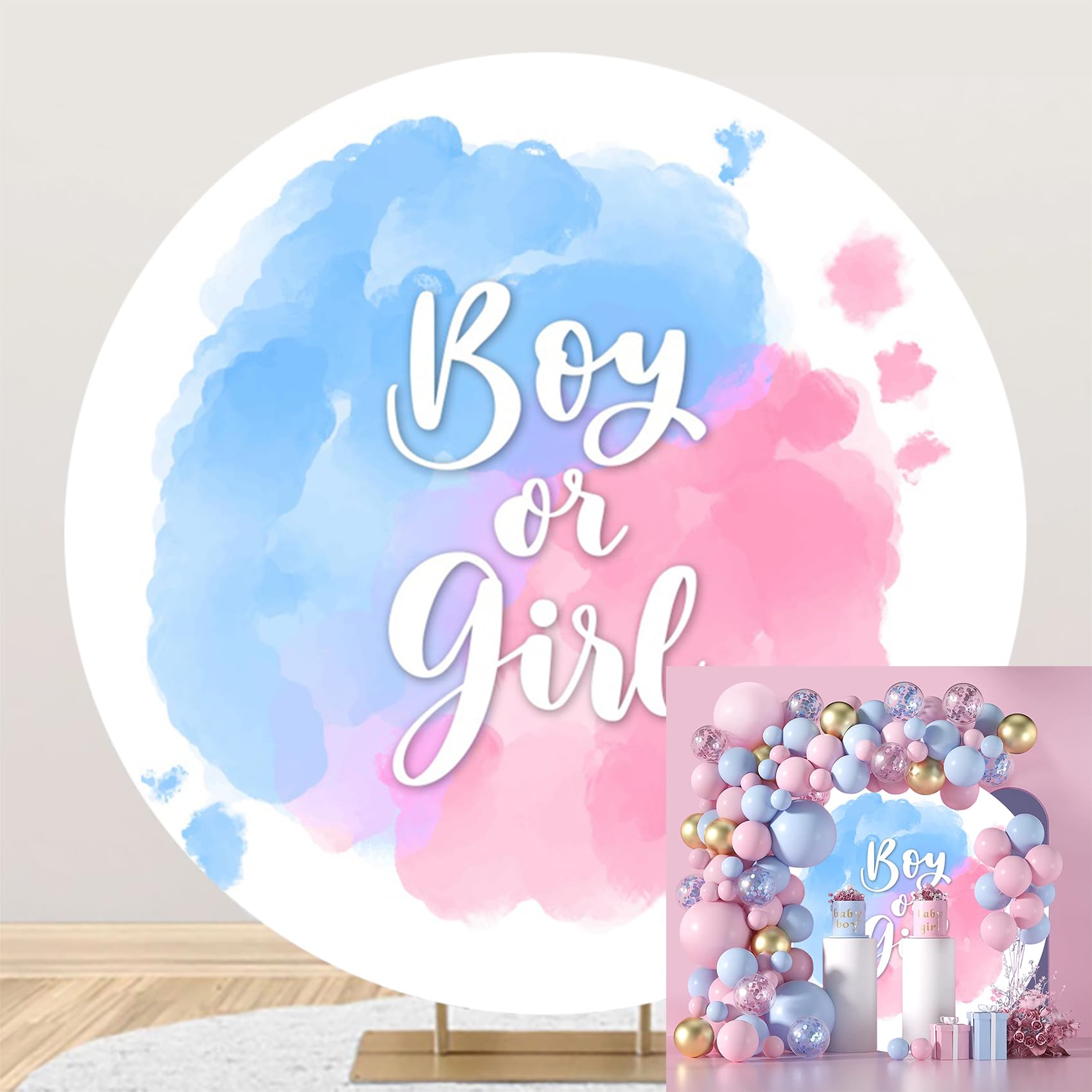 Polyester Diameter 6.5ft Round Boy or Girl Gender Reveal Backdrop Blue and Pink Watercolour Cloud Photography Background He or She Pregnancy Reveal