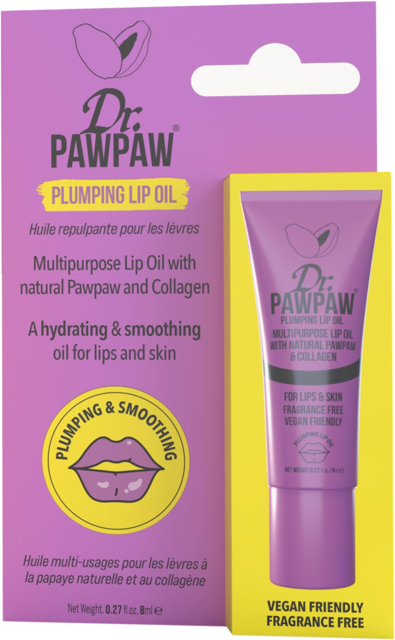 Dr.PAWPAW Plumping Lip Oil Multi-Purpose Hydrating and Smoothing, Natural No Fragrance Oil for Lips & Skin Beauty Finishing (8 ml)