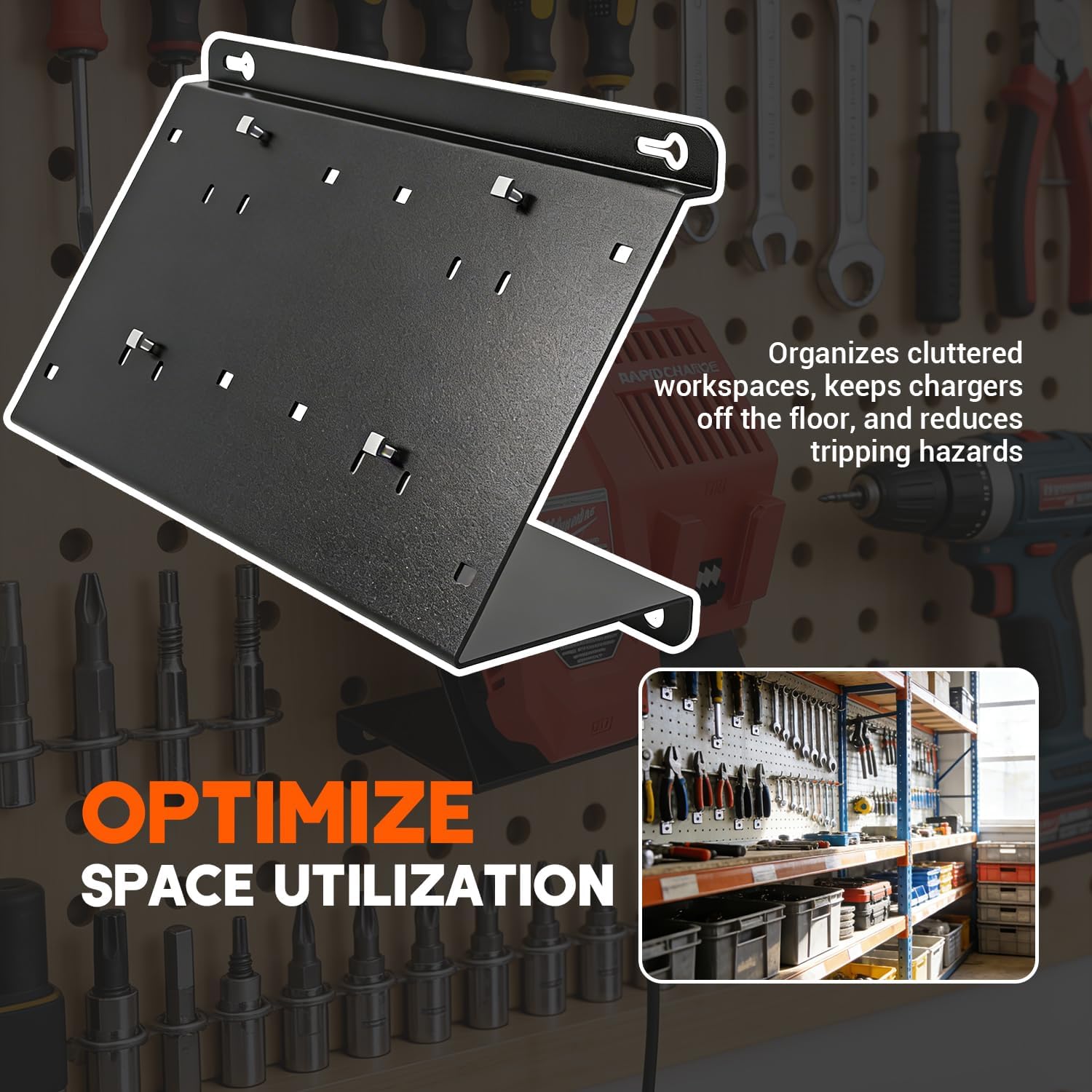 Angled Heavy-Duty Alloy Steel Wall Mount for Milwaukee Charger - Dual Fit Milwaukee M18V & M12V Rapid Charge, Detachable Secured Holder Bracket for Pegboard/Wall Installation