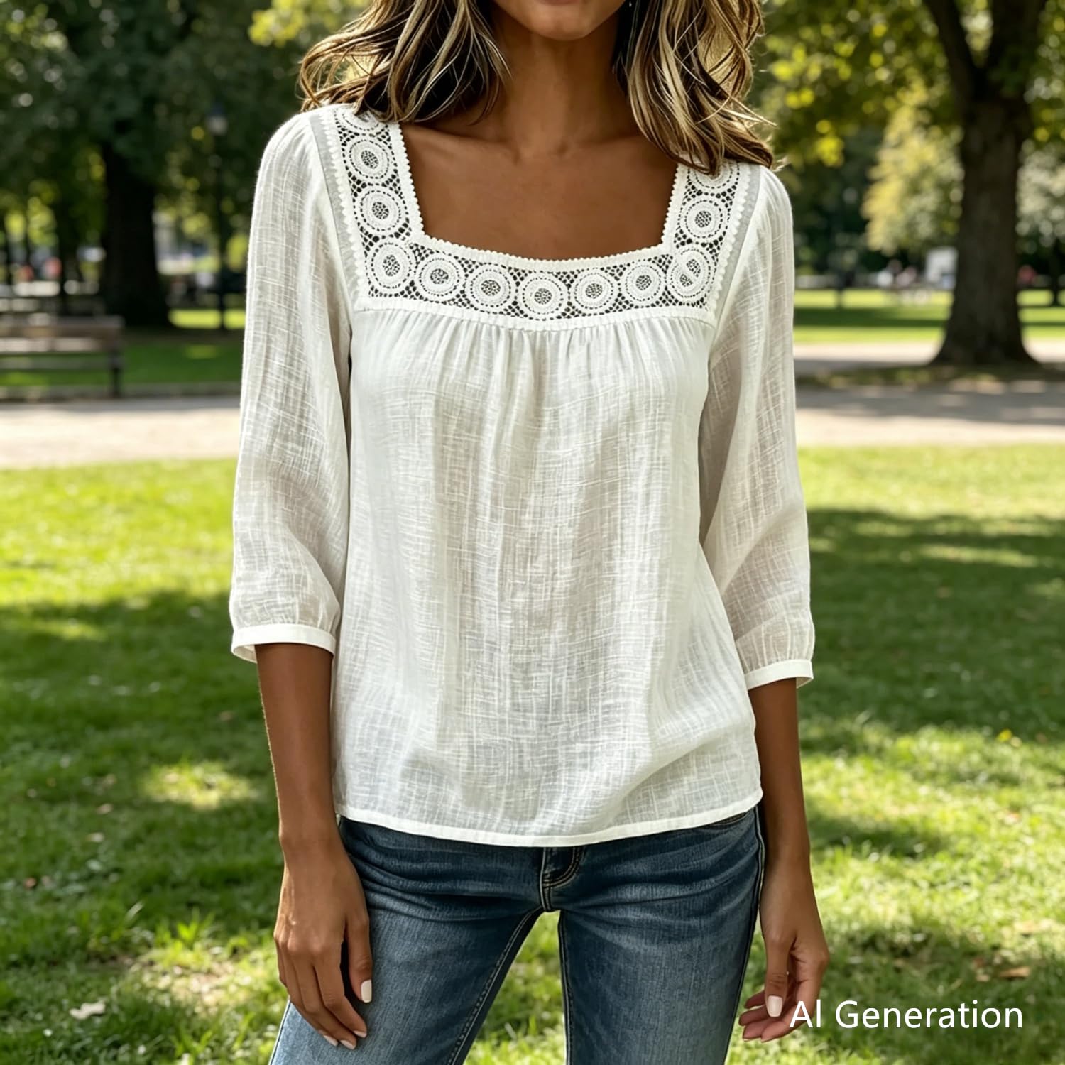Generico Top da Donna a Maniche a 3/4 Stile Boho con Scollo Quadrato, Finiture all'Uncinetto, vestibilità Ampia ed Elegante, in Garza Traforata con Pizzo