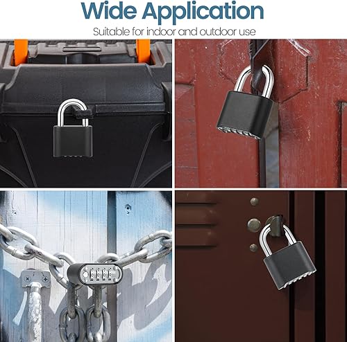 Miniatura 9 de DELSWIN Candado de combinación de 4 dígitos para exteriores, cerradura de casillero resistente con grillete de acero endurecido, cerradura combinada