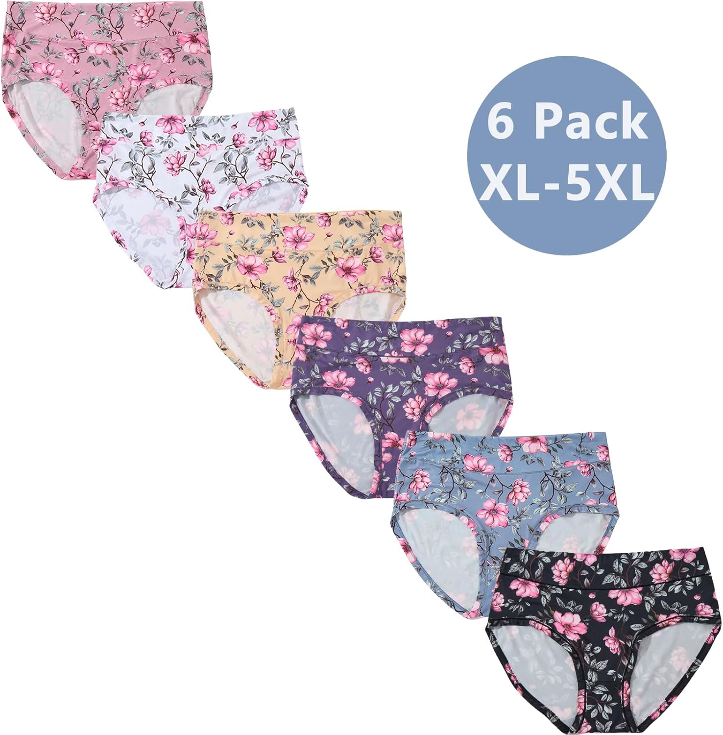 Womens Underwear XL-5XL Plus Size Ladies Panties Mid High Waist Briefs for Woman Floral Print Pantys 6-Pack - Image 3
