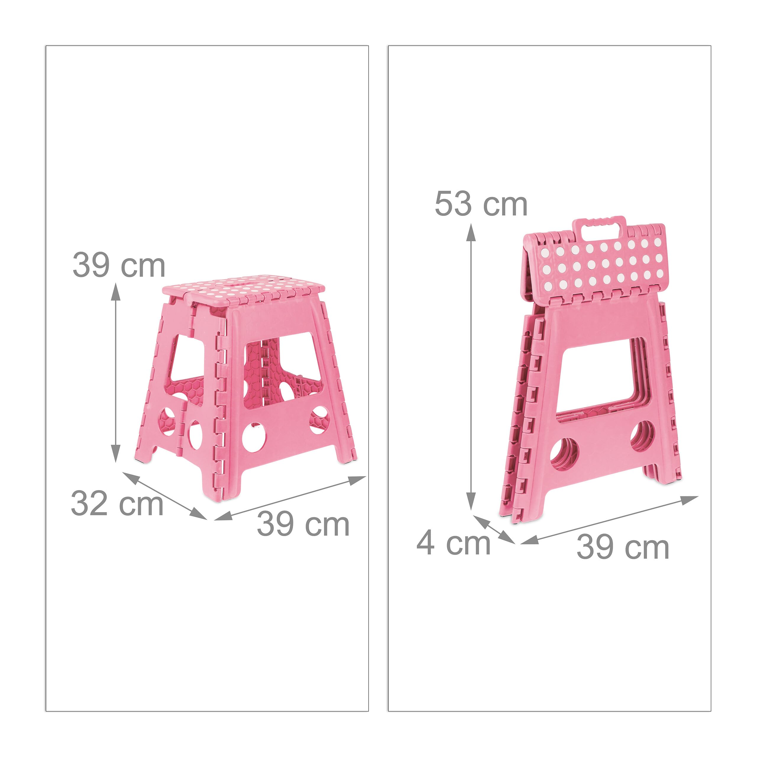 Relaxdays Sgabello Pieghevole, Sgabellino Antiscivolo con Un Gradino e Manico, Fino a 120 kg, 39 x 38,5 x 32 cm, Pink