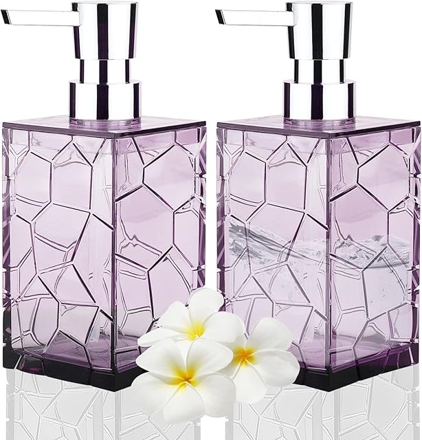 2 Pack Soap Dispenser 12Oz Acrylic Liquid Lotion Hand Dispensers with Pump Reusable for Bathroom, Countertop, Kitchen, Laundry Room - Purple