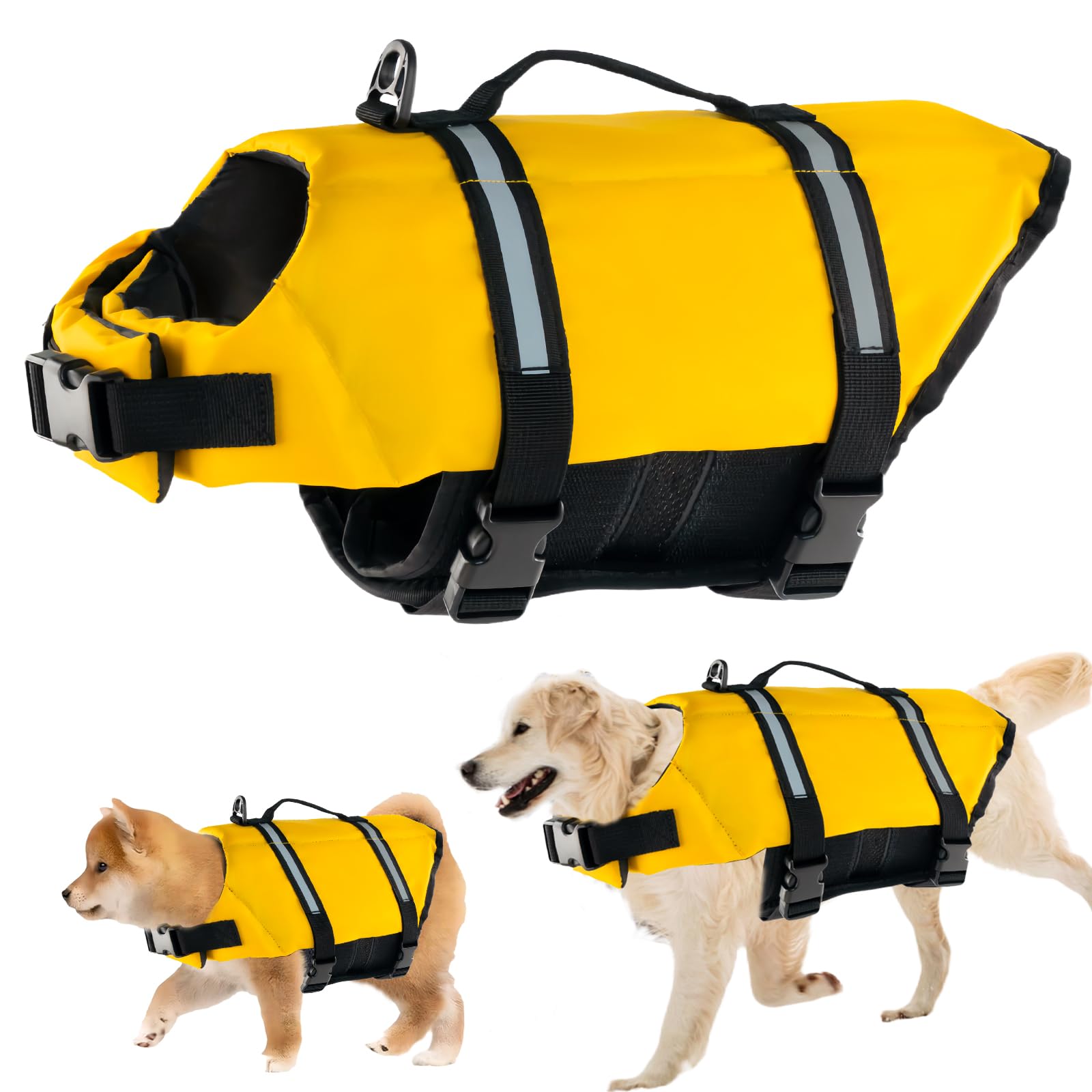 FainFun Giubbotto di Salvataggio per Cani Regolabile Galleggiante Maniglia Giallo L