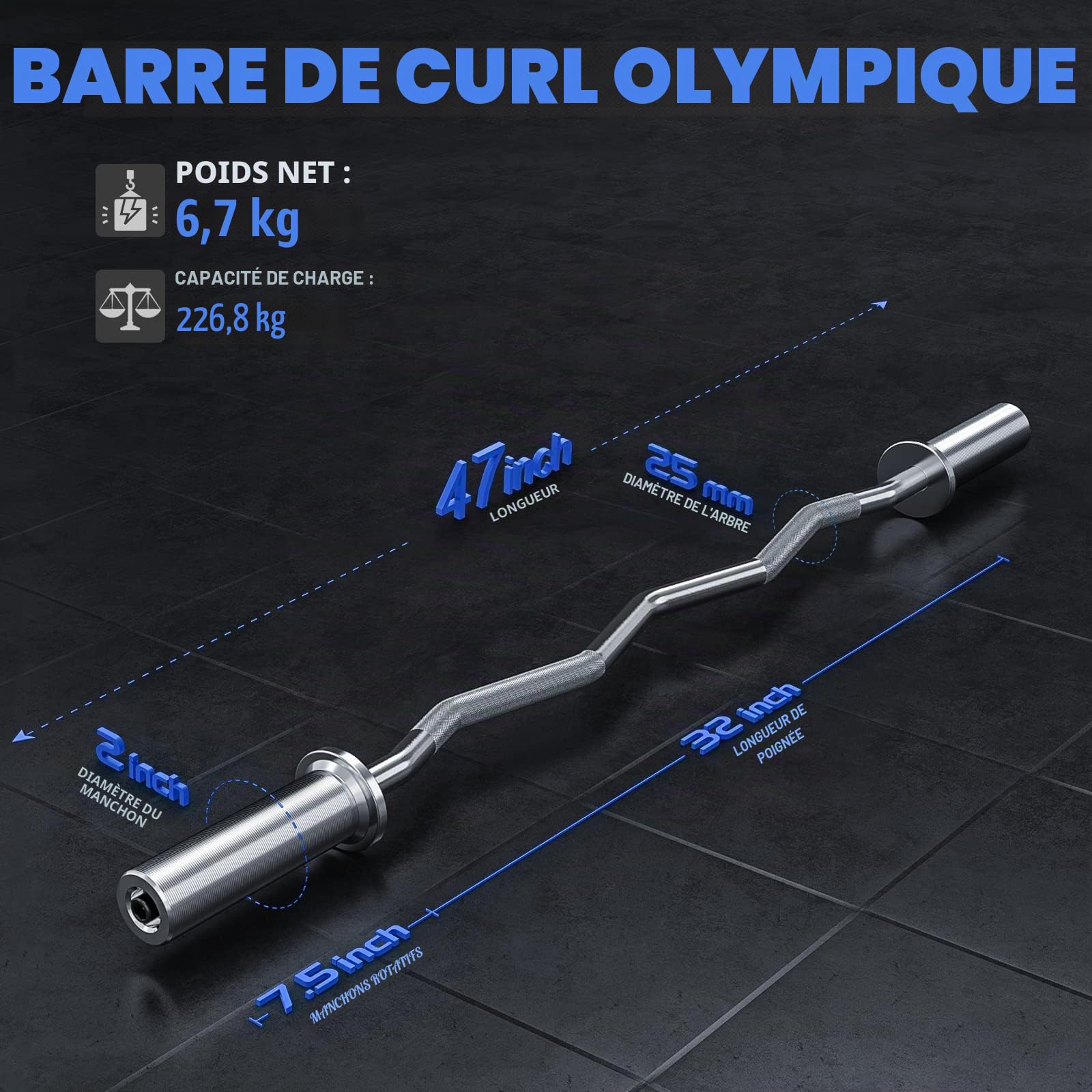 Olympic EZ Curl Barre d'haltère bouclée de 119,4 cm pour haltérophilie, poussées de hanches, squats, biceps, gym à domicile, barre de bouclagechromée avec 2 colliers à ressort pour disques de poids