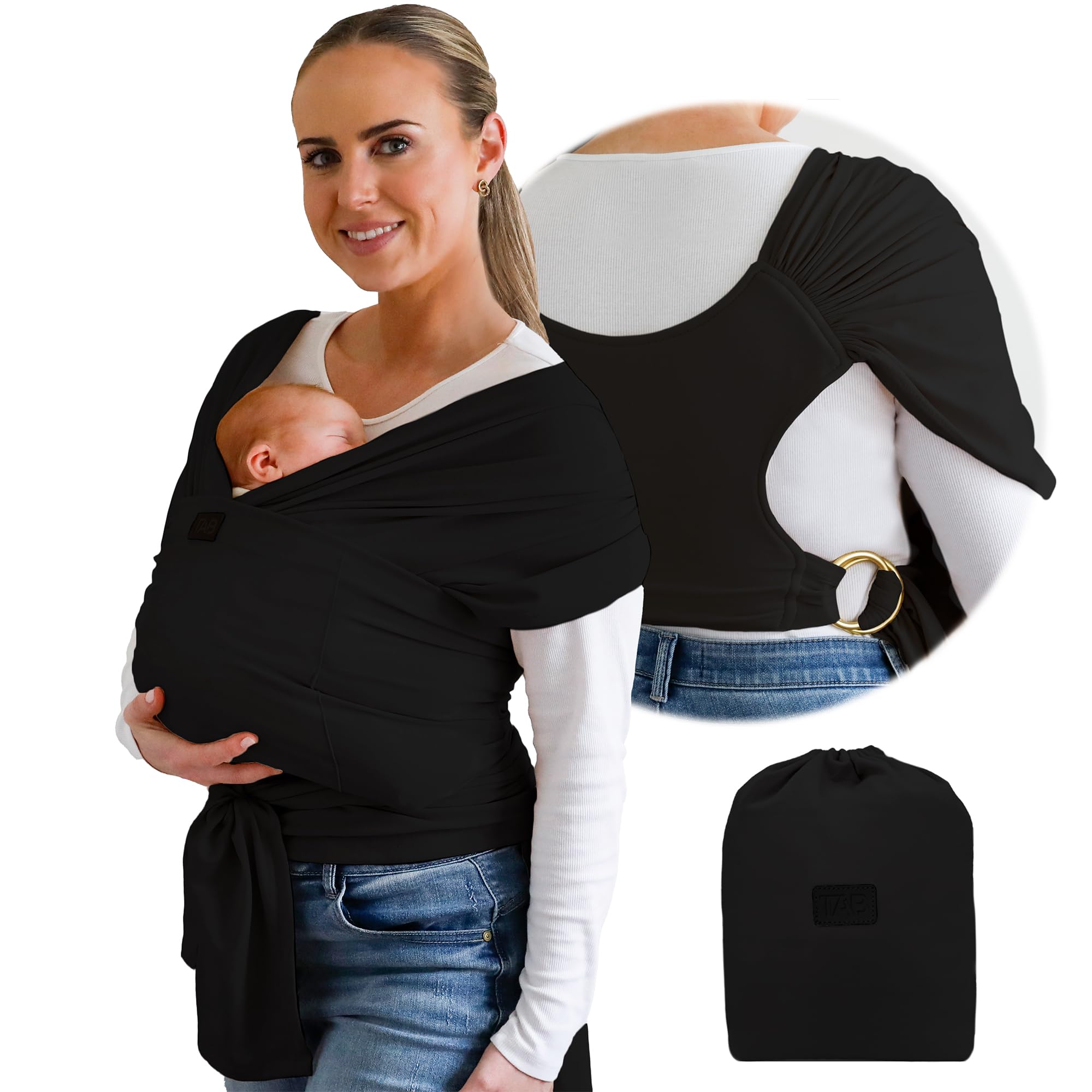 Stylish Black & Gold Baby Carrier Wrap: Comfortable, Soft & Supportive, Adjustable Ring Sling for Mom & Dad, Ideal for Baby Registry, Newborn to
