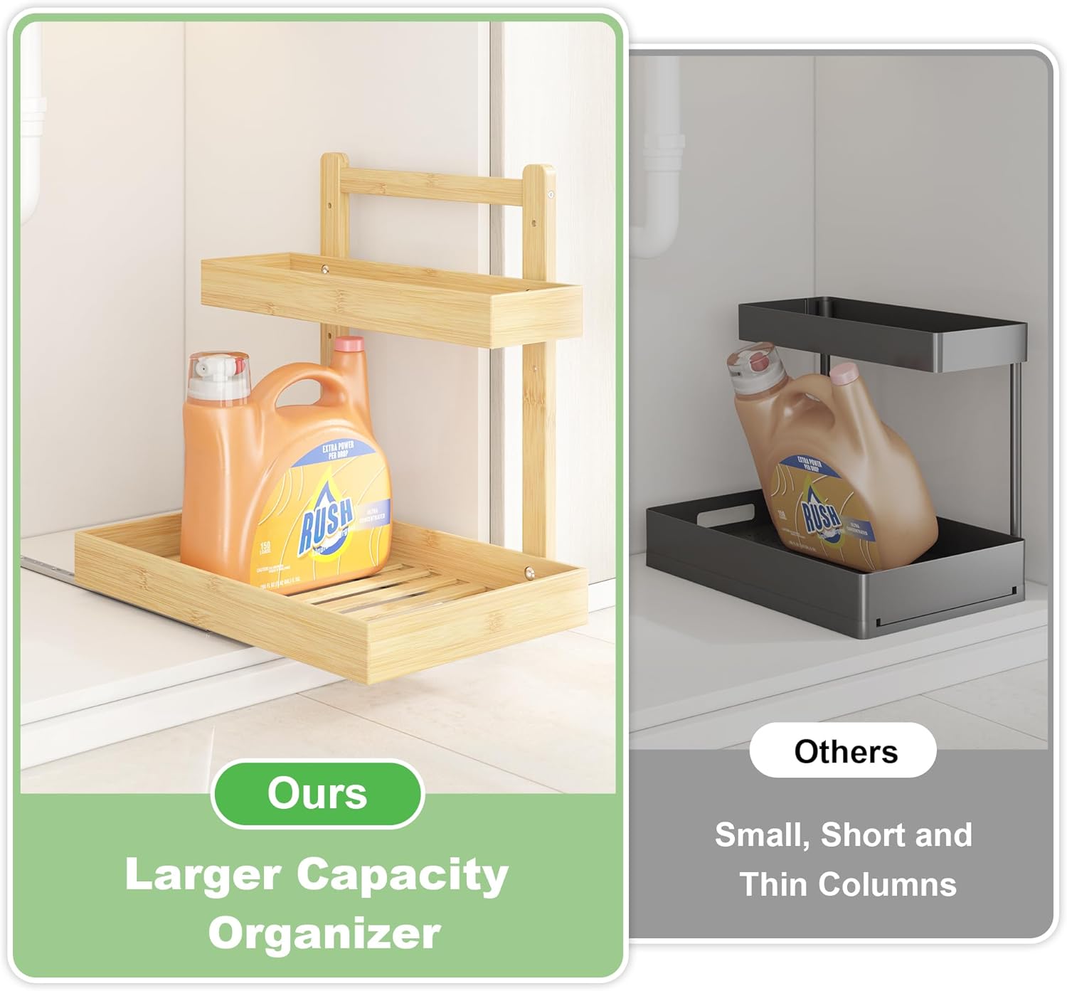 Under Sink Organizer - 2-Tier Pull Out Cabinet Organizer Vertical Slide Out Sink Shelf Storage Shelves for Multi-Purpose Bath Kitchen Bathroom Medicine (Nature, 2 Packs) - Image 5