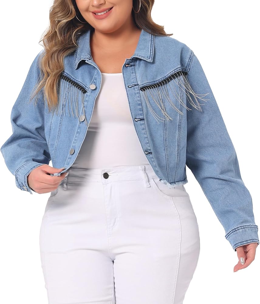 Agnes Orinda Plus Size Denim Jacket for Women Frayed Hem Tassel