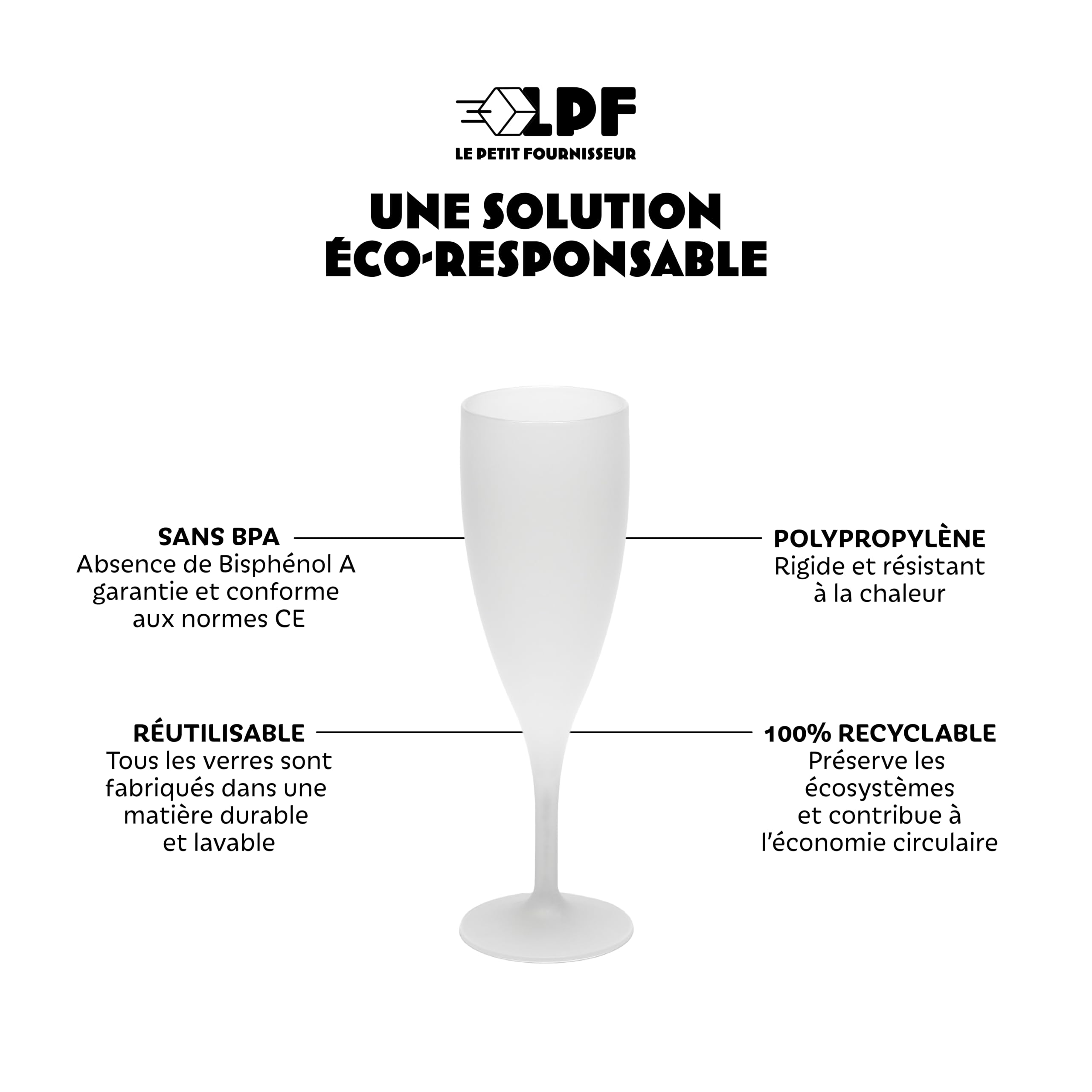 LPF LE PETIT FOURNISSEUR - Lot de 50 Flûtes à champagne réutilisables 12cl (15cl max) - Polypropylène plastique alimentaire - Verre à champagne durable - Compatible lave-vaisselle - Couleur givrée