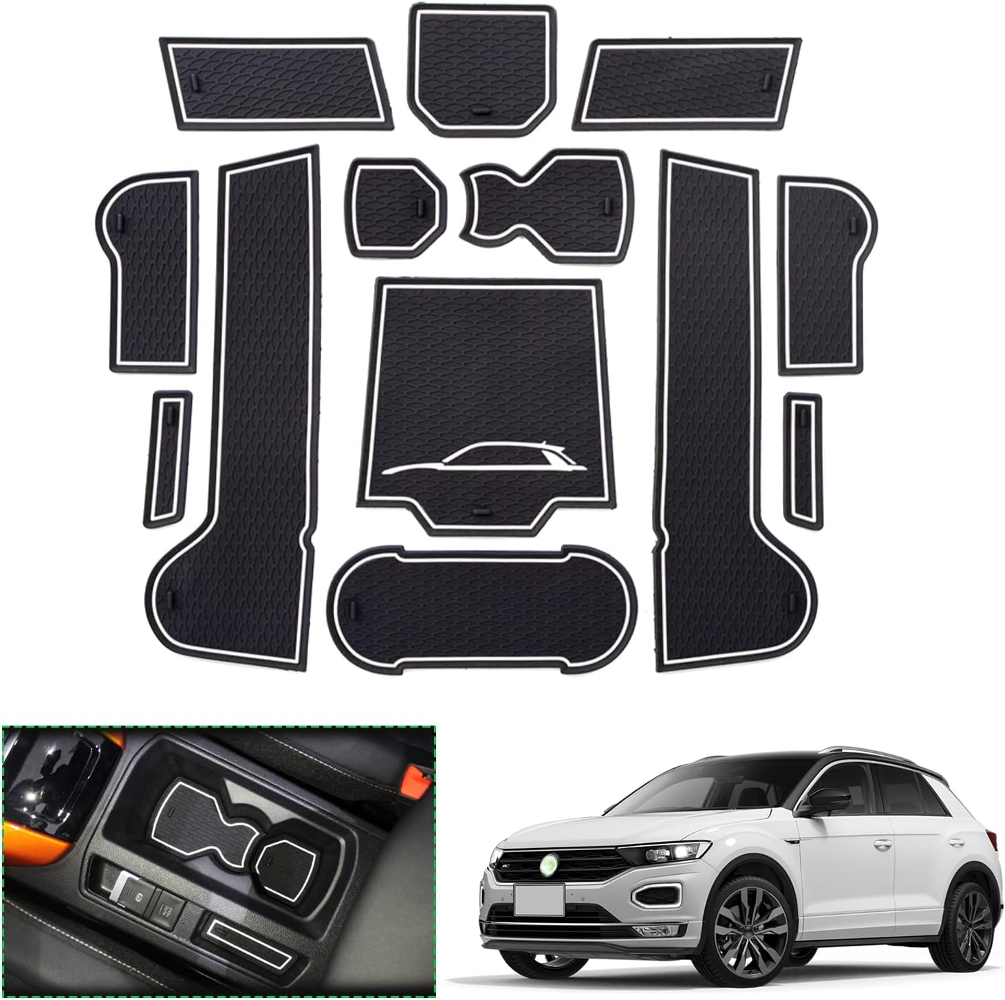 Compatible with VW T-ROC Non-Slip Mats, 2017-2024 2025 T-R0C Rubber Mats for Centre Console, Organiser Tray, Glove Box, Door Slots (White)