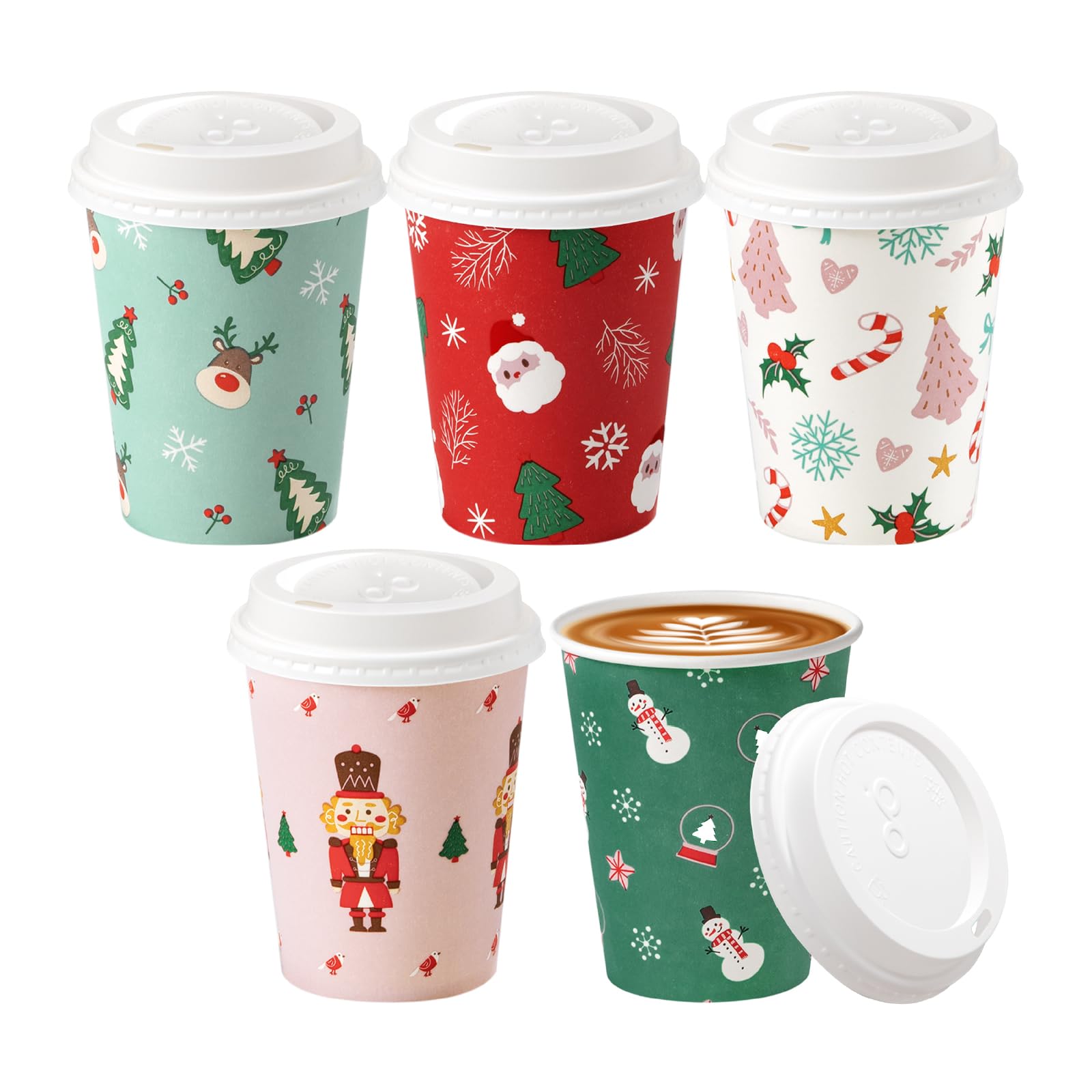 Fit Meal Prep 50 Pack 8 oz Christmas Disposable Coffee Cups with Lids, Premium To Go Paper Cups, Leak Proof Hot Coffee Cups for Travel, Office, Hot/Cold Beverages (White Lids)