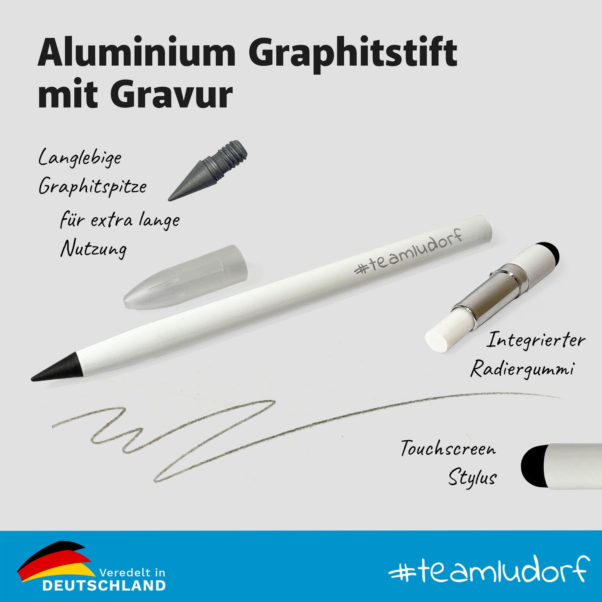 25 x CAPPA MIX GrafitStift personalisiert mit Gravur aus Aluminium mit Stylus, Schutzkappe und Radiergummi (25 Stück)