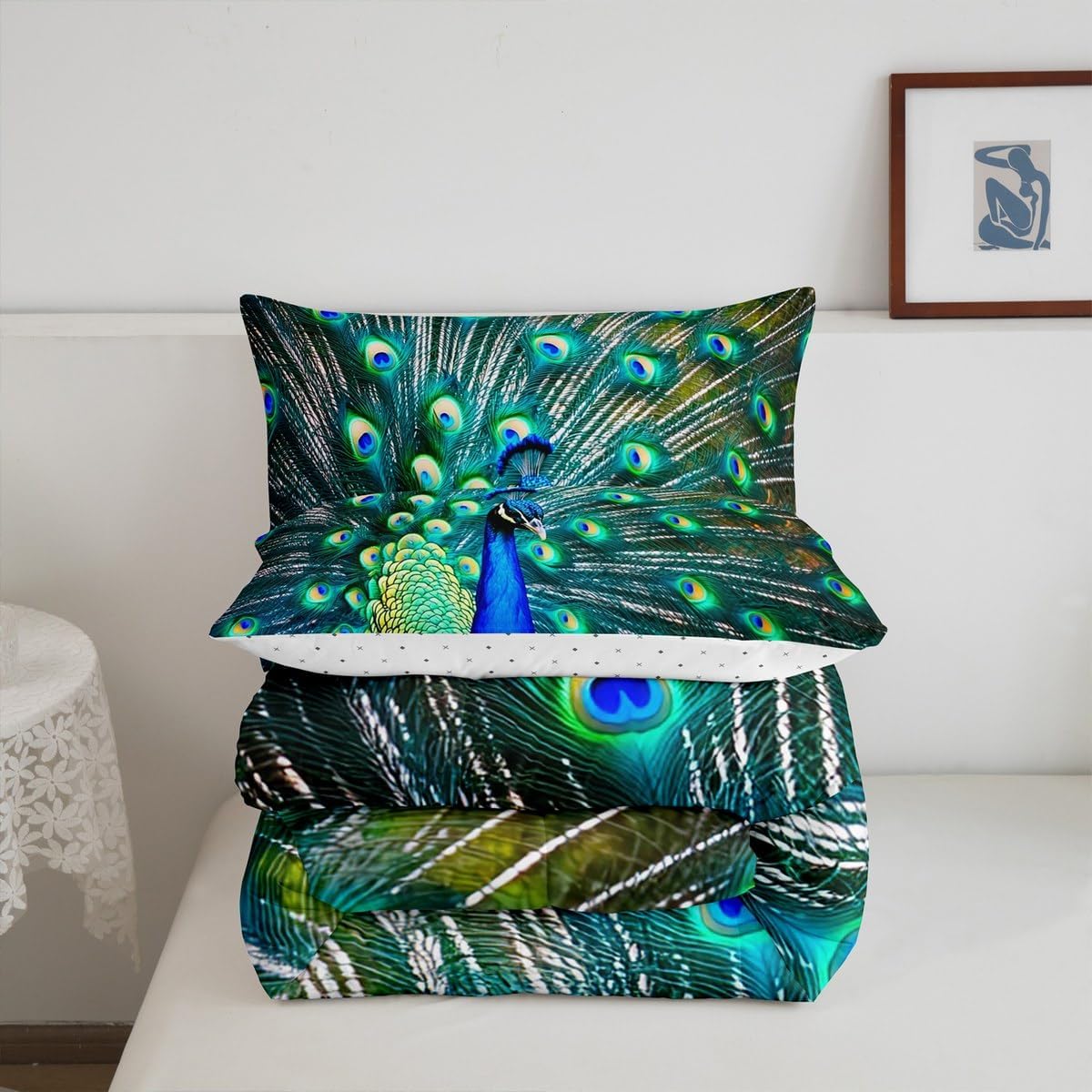 Erosebridal Peacock Bedding Set Full Size Aqua Cute Animal Pattern Comforter Set Peacock Feather Printed Decor Duvet Filler Adult Women Soft Down Comforter