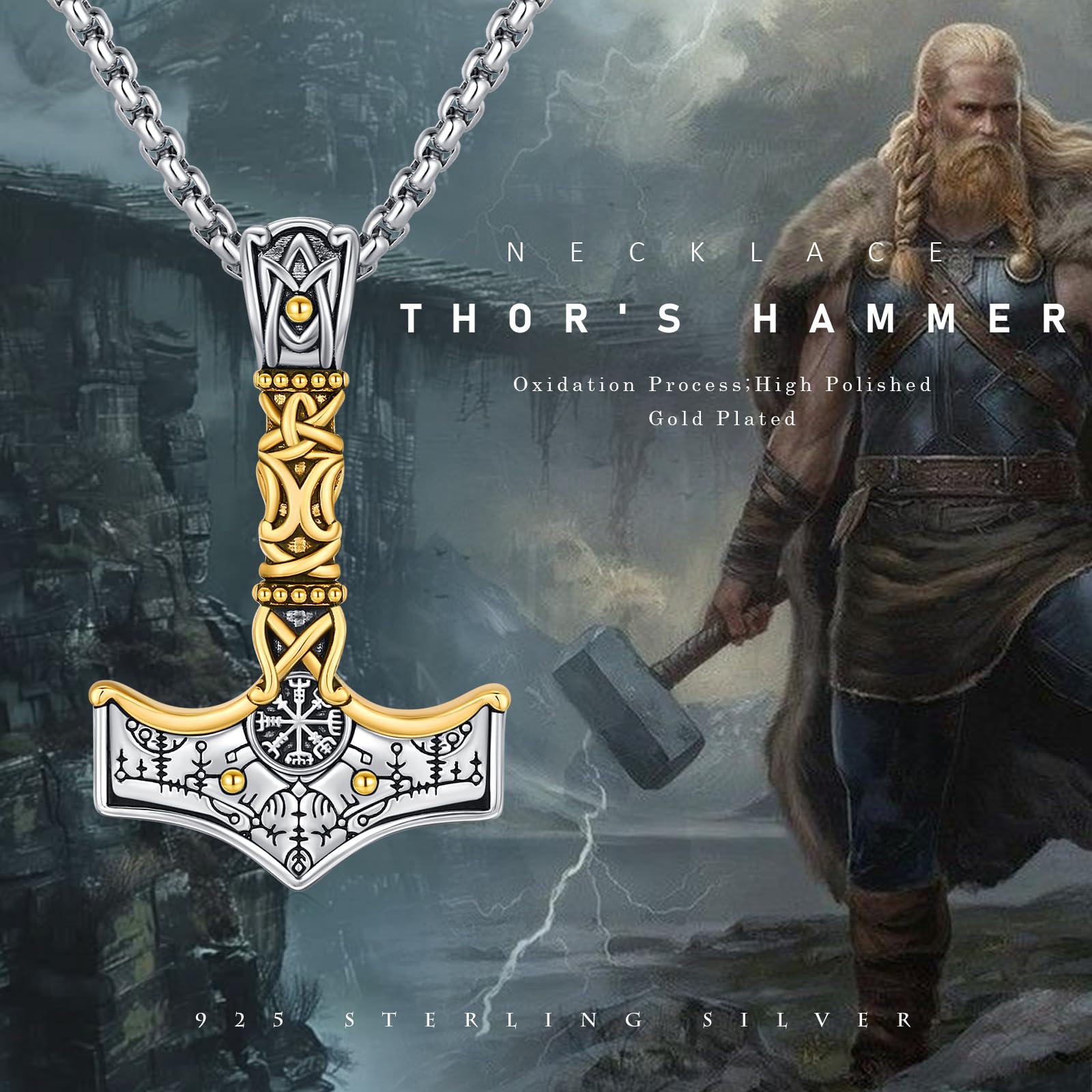 Mjölnir naszyjnik z młotkiem Thora, srebro wysokiej próby 925, łańcuszek z wisiorkiem w kształcie młota Thora, amulet celtycki, biżuteria dla mężczyzn, uniseks
