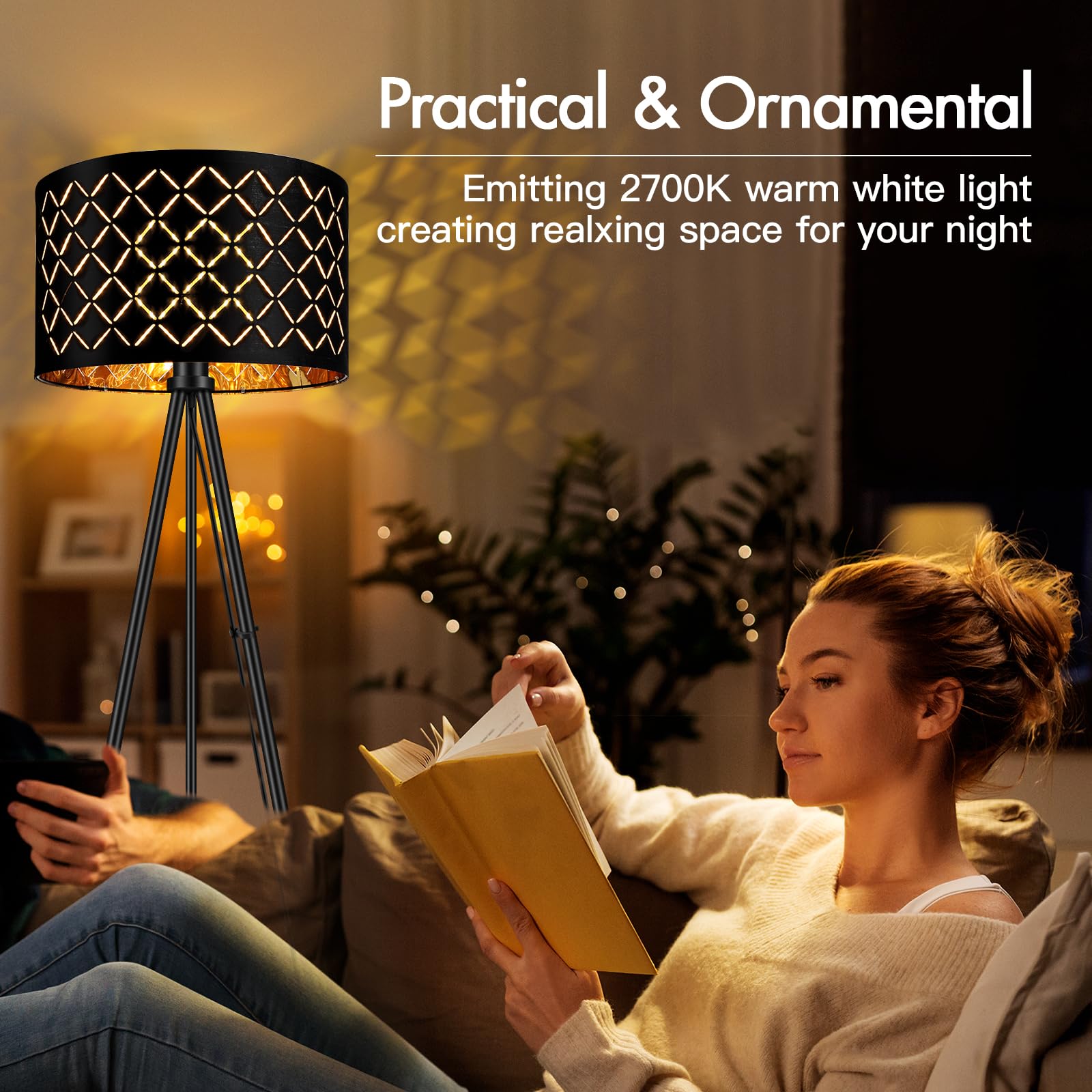 AUQUEE LED Stehlampe Whonzimmer, 6W Schwarz Stehleuchte, Moderne Dreibein Standleuchte aus Metall mit Dekorativem Lampenschirm und Fußschalter, Retro Leselampe Stehlamp für Wohnzimmer, Schlafzimmer