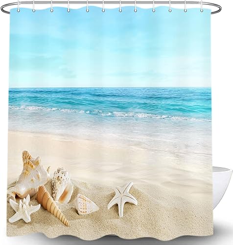 Miniatura 9 de JAWO Cortina de ducha con temática de playa con estrellas de mar, conchas tropicales, conchas de mar, escena costera hawaiana, vista al mar, sin