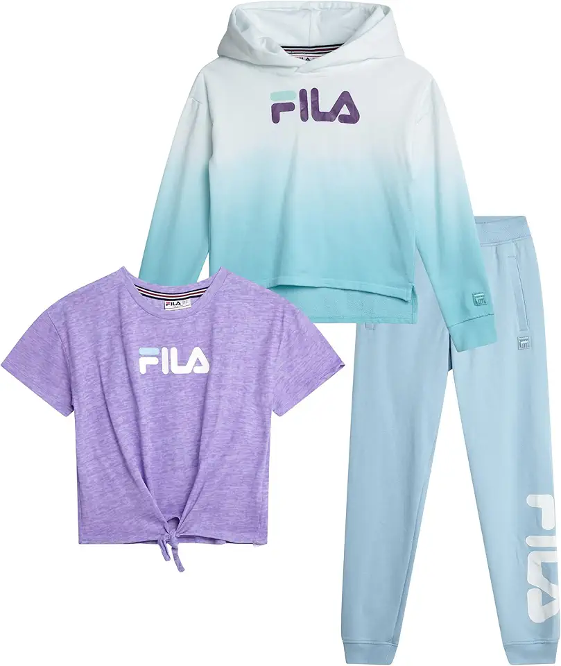 Fila Girls Sweat Suit Set - 3 Piece Tie-Dye Short Sleeve Crop Top, Pullover Hoodie and Jogger Sweatpants for Girls (7-16)