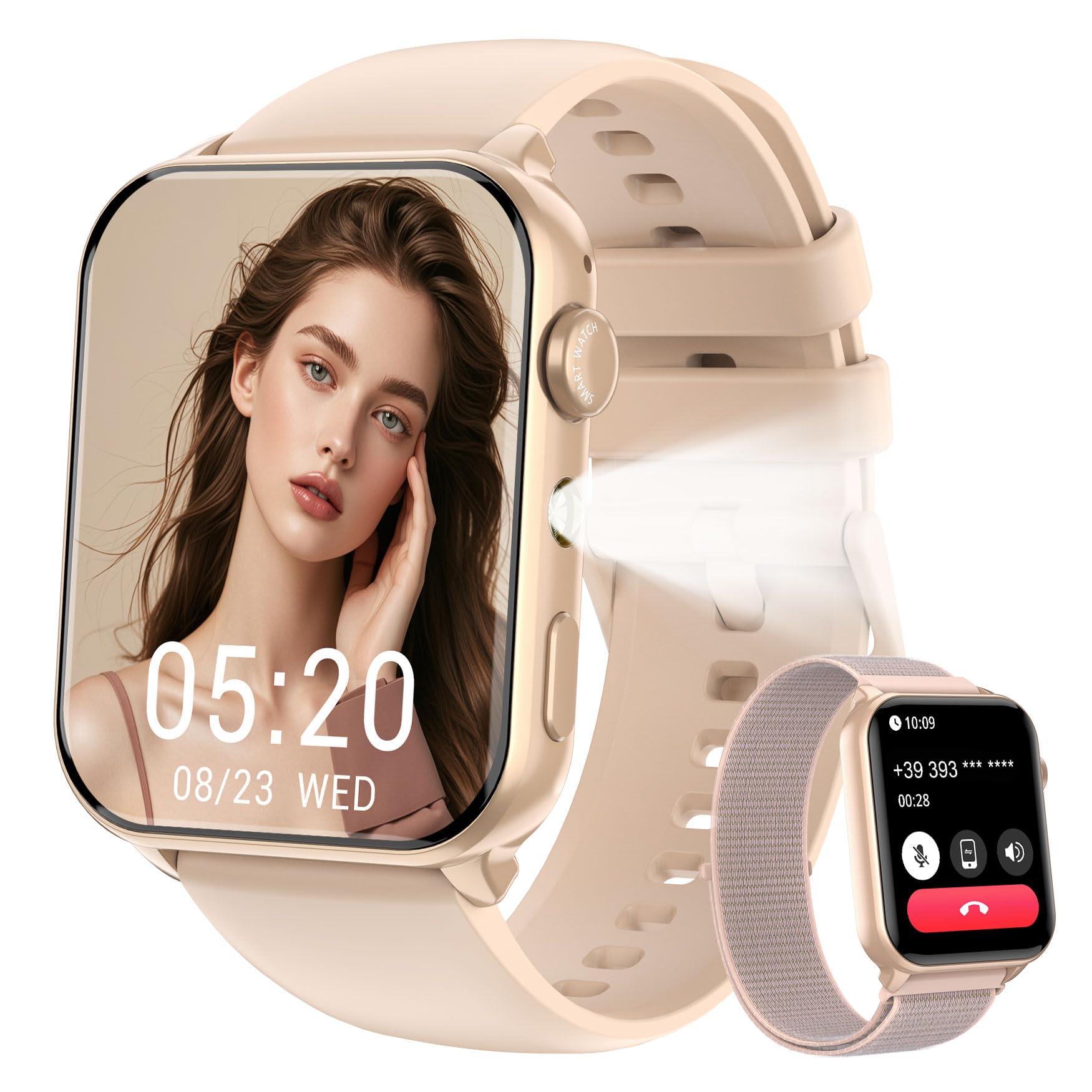 IOWODO Smartwatch Herren Damen 2025 | Bluetooth Anrufe & LED-Leuchte | SpO2 & Schlafüberwachung | 350mAh (6+ Tage) | 2 Armbänder (Silicone/Nylon) | Fitnessuhr für Android & iOS