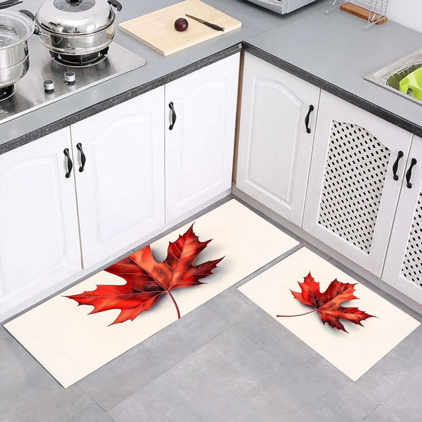 Alfombra de cocina anti fatiga impermeable con diseño de hojas de arce para comedor