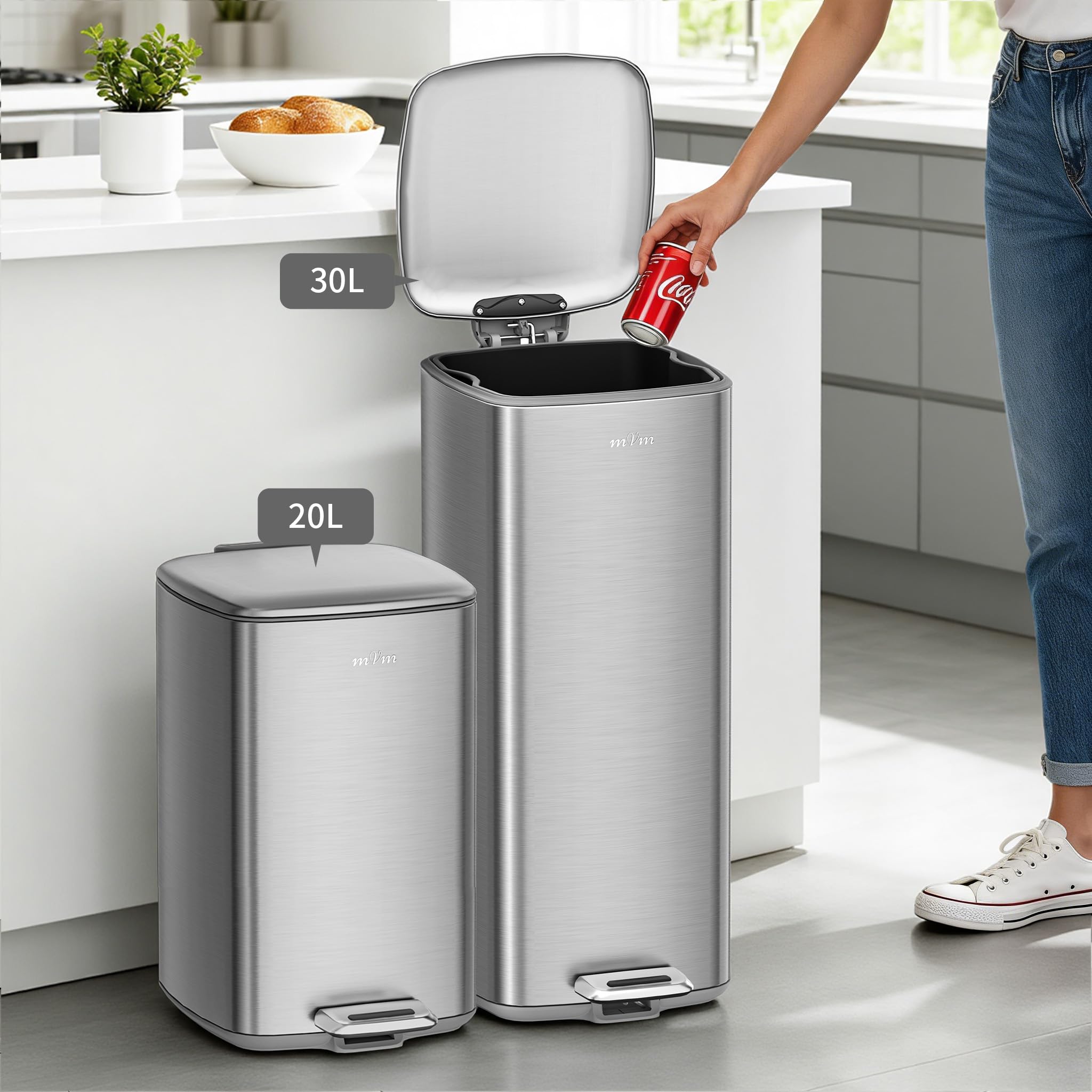 mVm Poubelle de cuisine, 20L avec Seau Intérieur,Poubelle à Pédale en Acier,Fermeture Douce et Maintien en Ouverture,pour cuisine, bureau, dortoir, maison, chambres