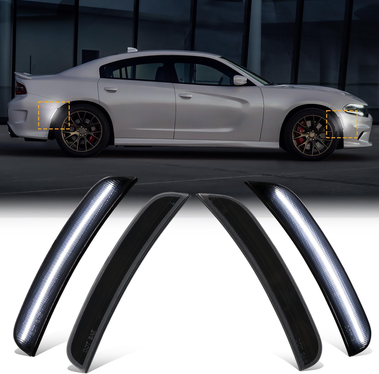 4-Pack Smoked Lens White LED Side Marker Light for Dodg'e Charger (2015-2026) | Front & Rear Fender Lamp Assembly Parking Lamp | Replacement OE 68214404AA, 68214405AA, 68214126AA, 68214127AA