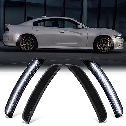 Mynoway 4-Pack Smoked Lens White LED Side Marker Light for Dodg'e Charger (2015-2026) | Front & Rear Fender Lamp Assembly Parking Lamp | Replacement OE 68214404AA, 68214405AA, 68214126AA, 68214127AA