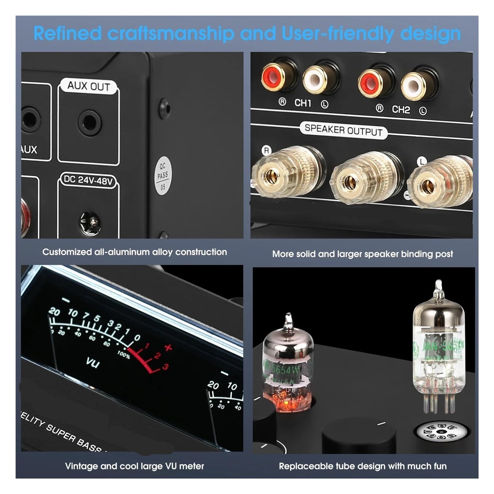 Wzmacniacz audio, T6PRO HIFI Wzmacniacz lampowy Bluetooth 300 W + z miernikiem VU do samodzielnego montażu