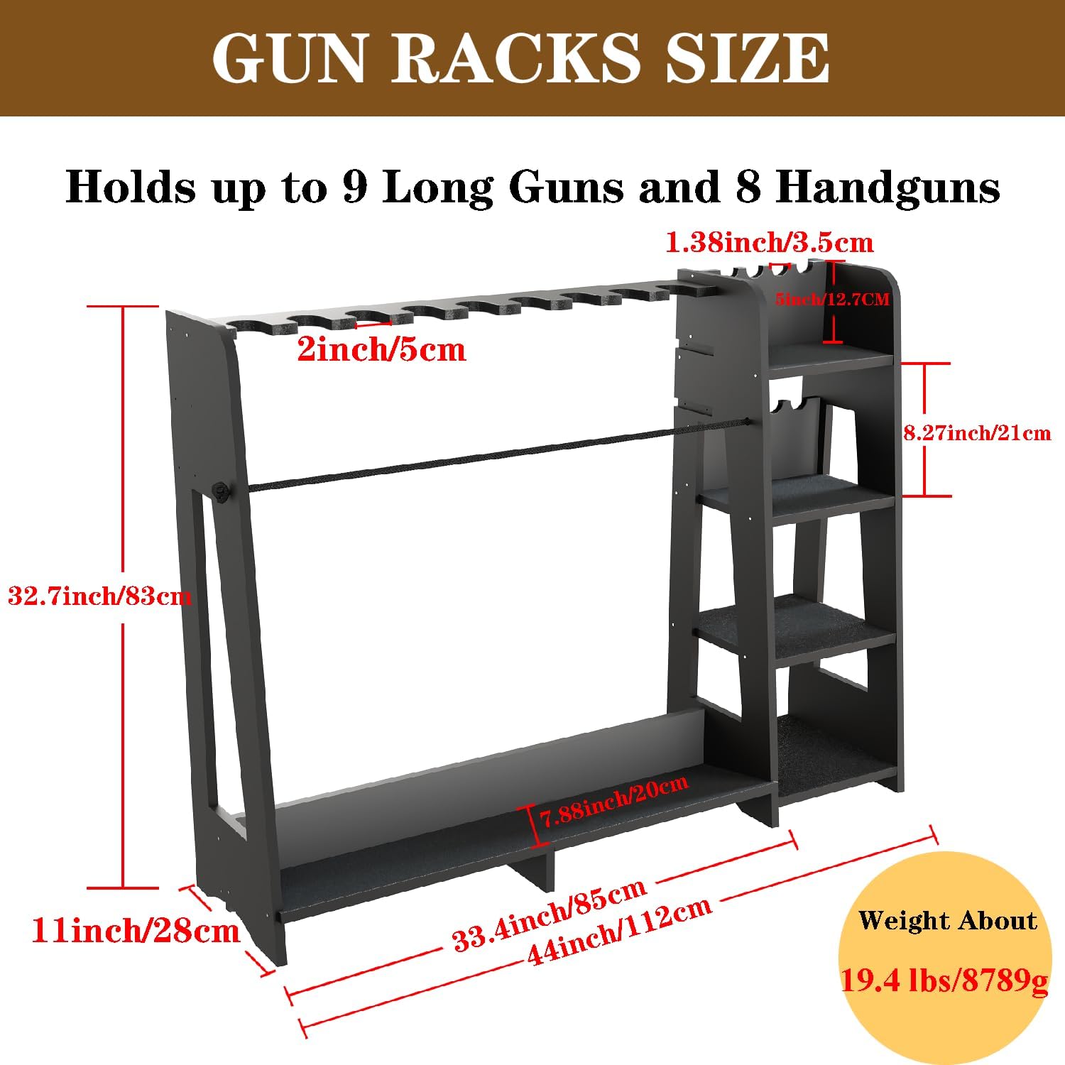 Gun Storage Racks - Freestanding Floor Wooden Rifle Rack with Pistol Shelves, 9+8 Slots Adjustable Height Storage Solutions and Gun Room Display Stand, Holds up to 9 Long Guns and 8 Handguns