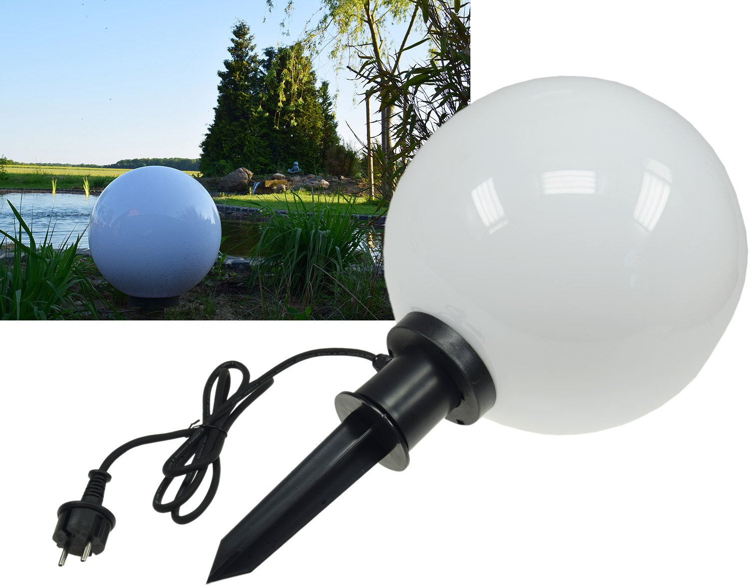 Ogrodowa lampa w kszta?cie kuli, 30 cm, z ostrzem do wbijania w ziemi?, IP44, kabel 1,5 m, oprawka E27, odporna na warunki atmosferyczne, wysokie i niskie temperatury