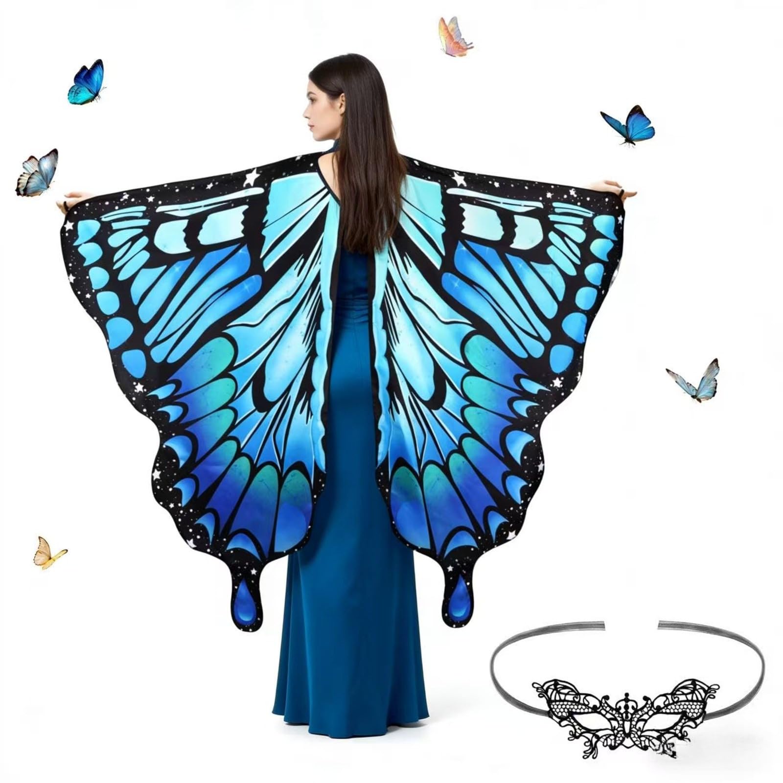 Plliocse Womens Butterfly Wings, Sparkling Sheer Wings Adults With Mask, Adult Fairy Wings Perfect for Easter Christmas Halloween Cosplay (Blue-green Butterfly)