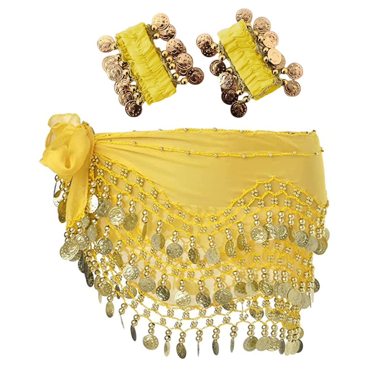 SamHeng Belly Dance Hip Scarf with Bracelet, 128 Coins Belly Dance Skirt Wrap Belt with Wrist Ankle Bracelets, Dance Skirt Belt Waist Chain for Belly Dance, Zumba or Yoga Class, Performance Costume