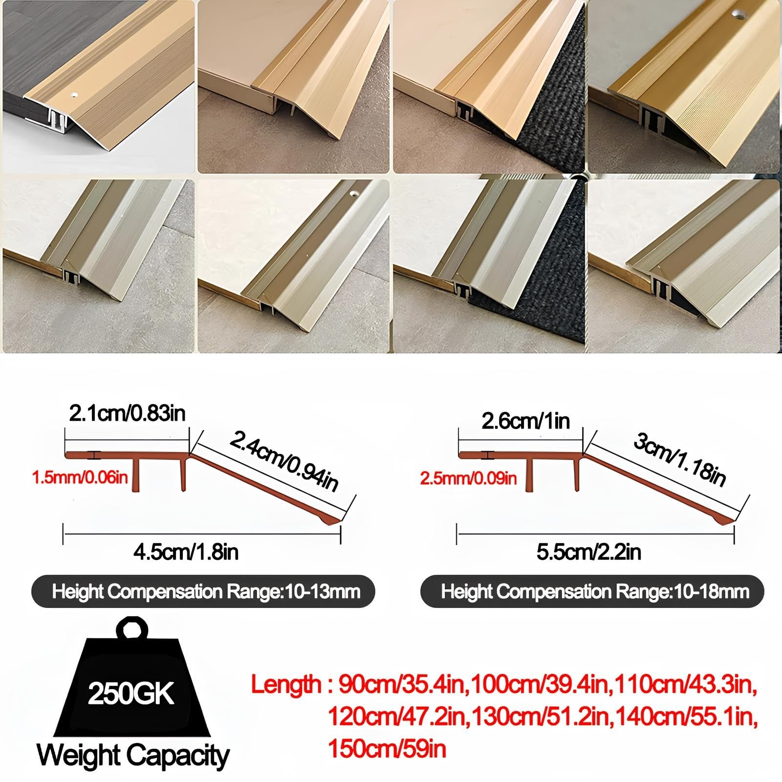 Perfil De Transición Para Suelos,Tiras De Transición De Suelo De Aluminio,Tira De Borde De Umbral Compensación De Altura 10-18 Mm(Gold,4.5x140cm)