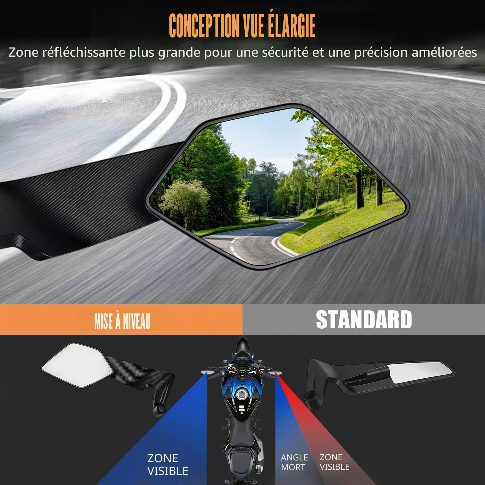Rétroviseurs Latéraux de Moto Rotatifs Réglables Universels | Compatible avec Z650 Z900 Z1000 Duke 390 790 1290 X-Max 250 300 MT-07 MT-09 MT-10 CB 650R 1000R