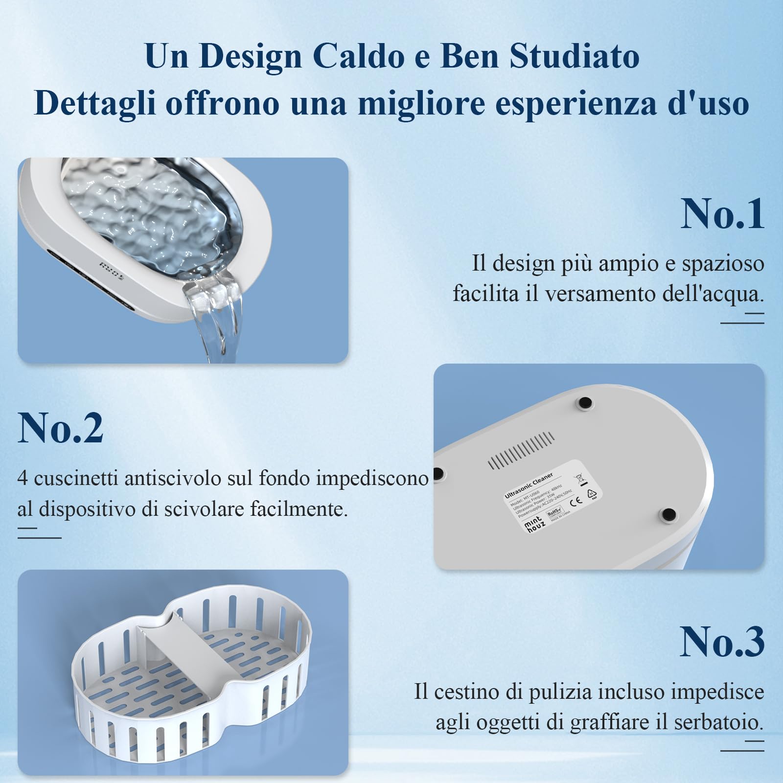 Minthouz Pulitore Ultrasuoni, 48000Hz Ultrasonic Cleaner Lavatrice Ultrasuoni 500ml Vasca Ultrasuoni per Pulizia Occhiali, Gioielli, Protesi dentali, Orologi, Anelli, Collane
