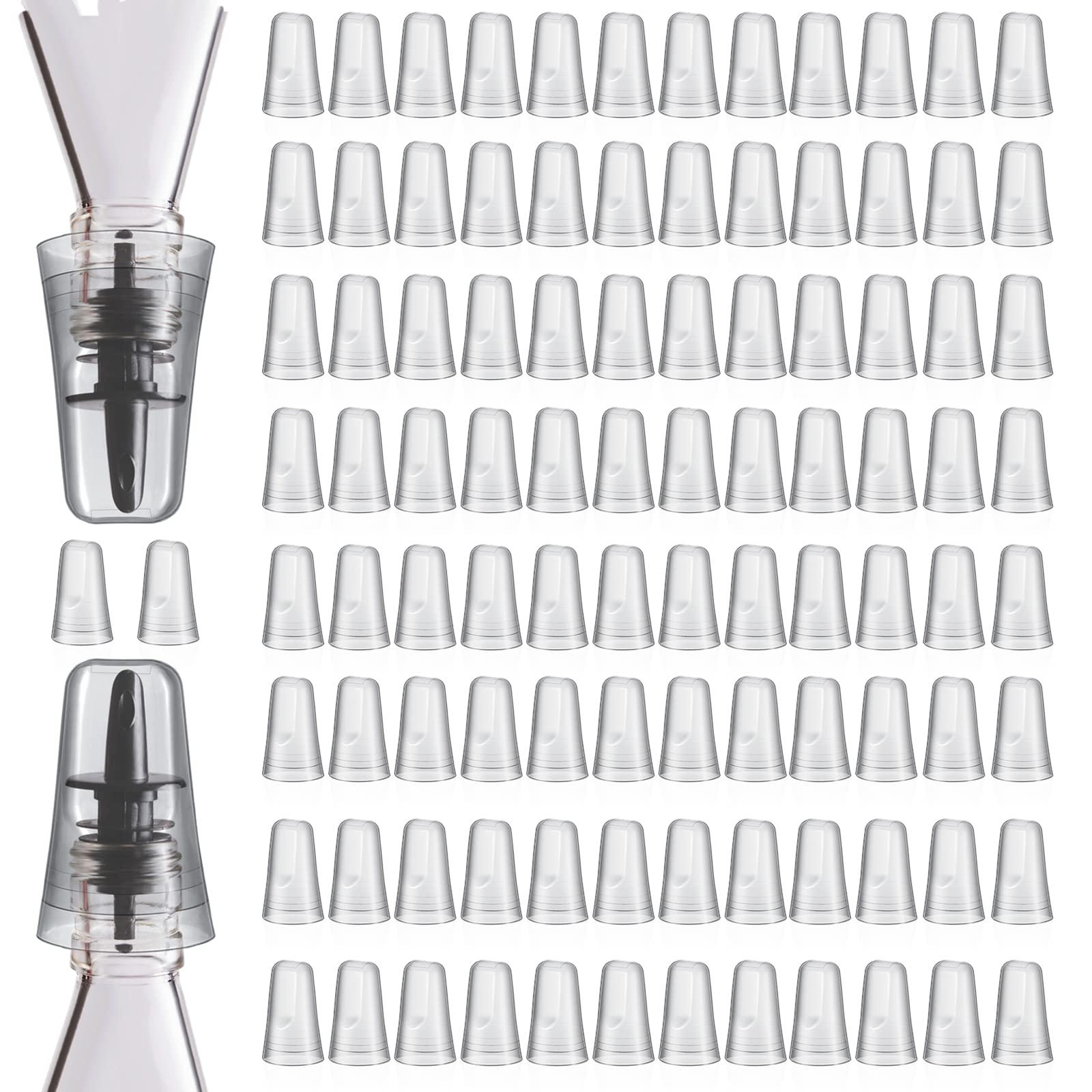Lot de 100 couvercles de bec verseur translucides universels pour bouteille de liqueur - Couvercles anti-poussière pour la maison et la cuisine (transparents, 100)