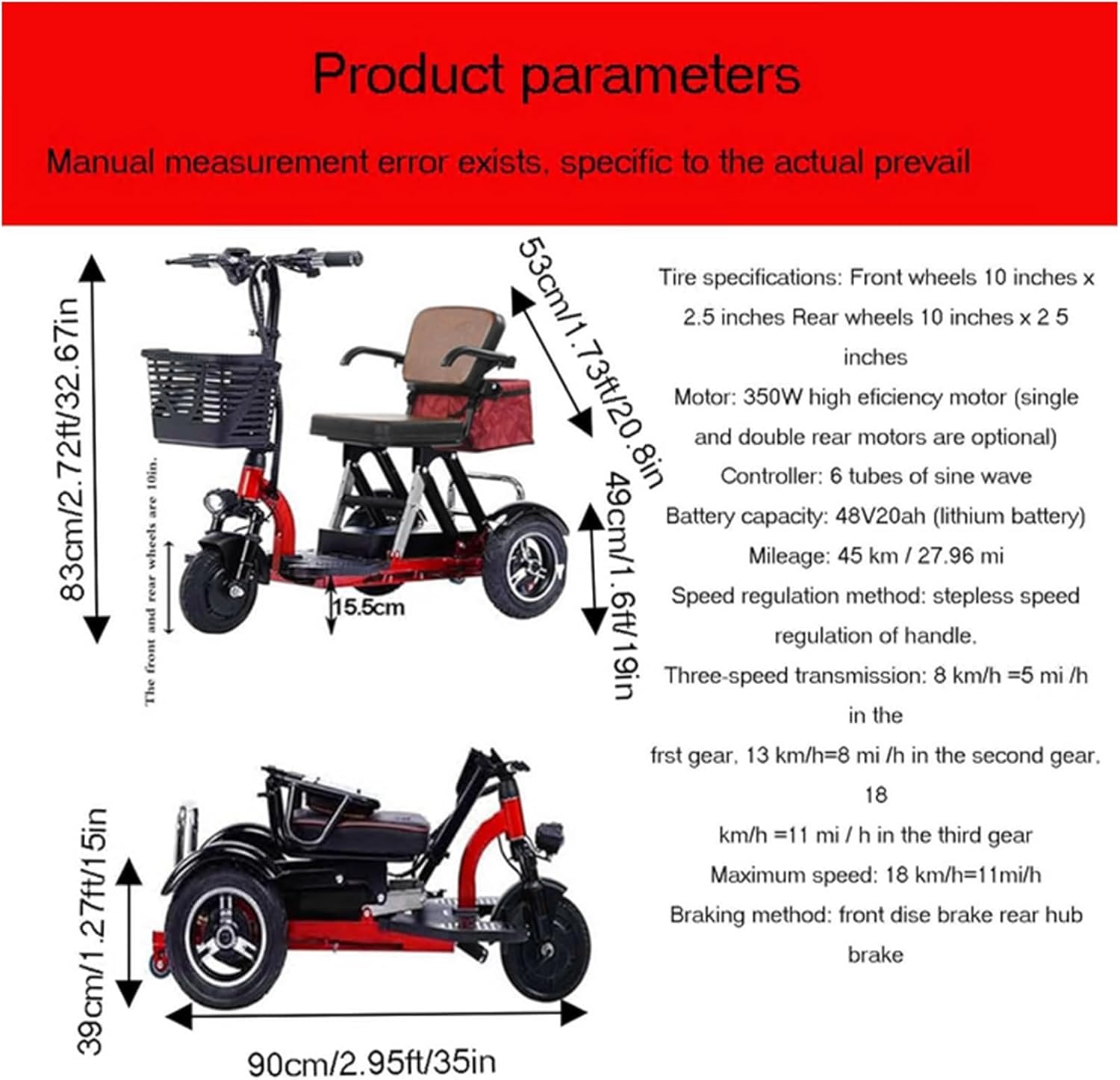 Monopattino a 3 Ruote per Anziani Disabili Sedile Comodo Design Leggero Compatto Autonomia Fino a 18 km