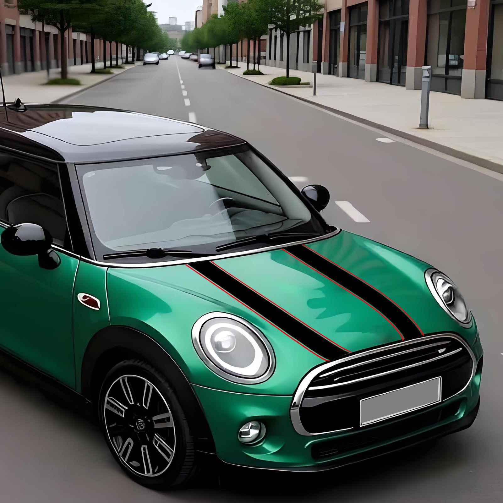 1 Paar coole Motorhaubenaufkleber Racing Streifen, Vinyl Auto Motorhaube Aufkleber Modifizierte Motorabdeckung Streifen Aufkleber für Mini Cooper R56 R55 R53 R50 R60 F56 F55 F54 F60, Schwarz/Rot
