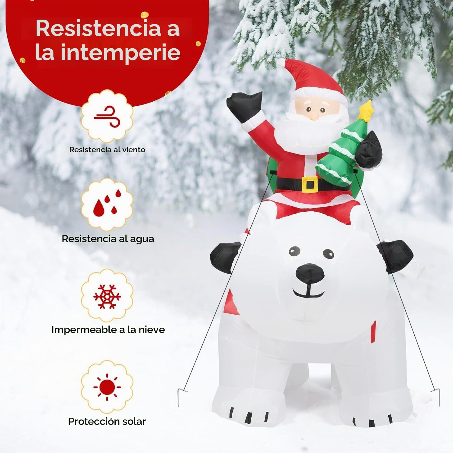 GOPLUS 175CM Papá Noel sobre Oso Polar Inflable con Cabeza Agitada, Decoración Navidad Exterior Iluminada con Luz LED y Accesorios de Montaje, Adornos Navidad Grande para Jardín