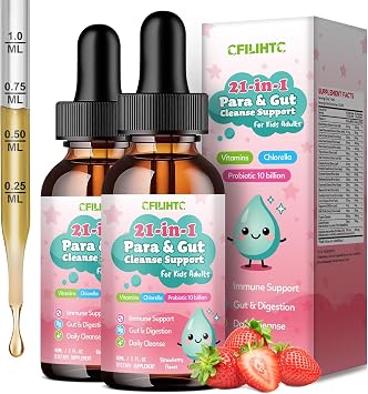2 Pack 21 in 1 Parasite Cleanse for Humans & Kids Wormwood Black Walnut Pumpkin Seed, Probiotics 10 Billion CFU, Digestive & Gut Health Drops, Parasite Cleanse for kids Strawberry Flavor 2 oz