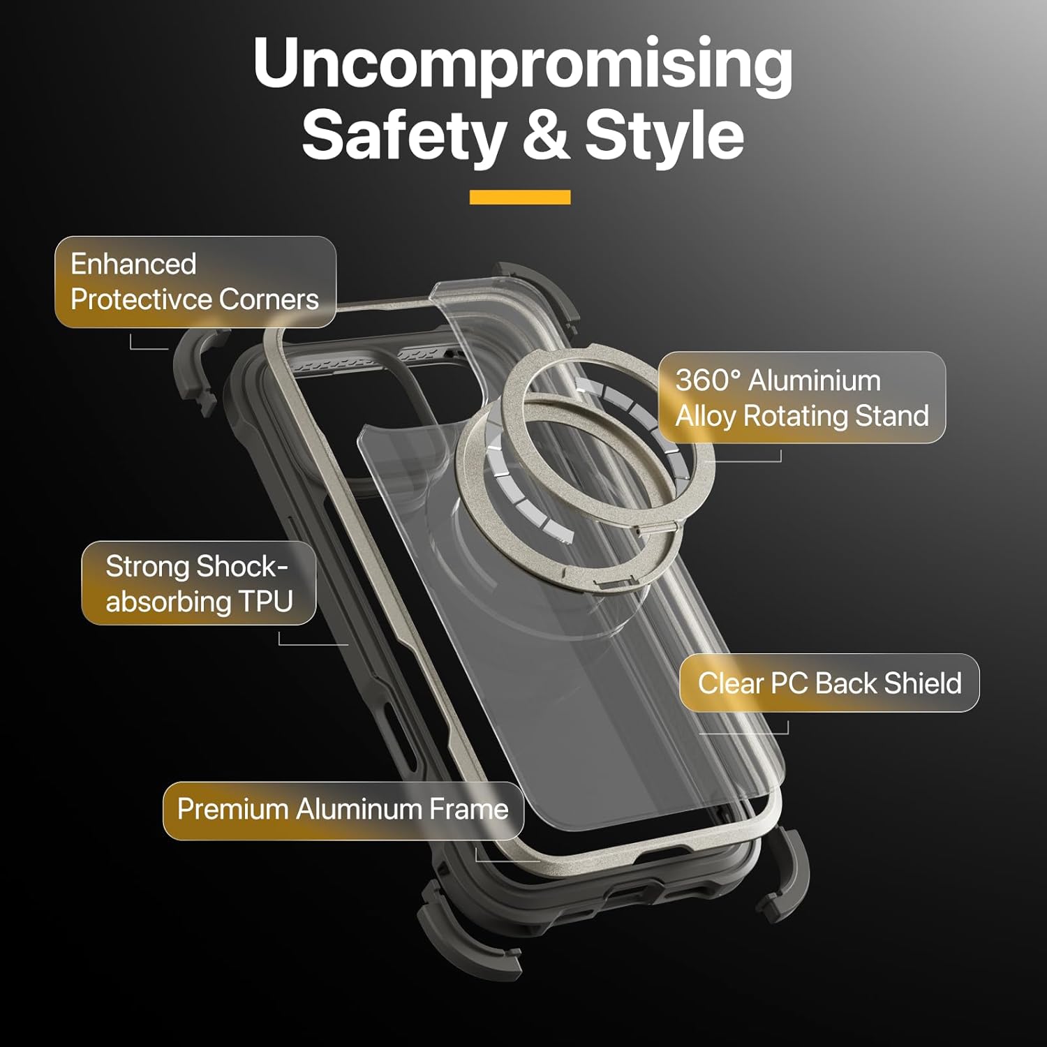 MAGEASY Designed for iPhone 16 Pro Case with 360° Rotatable Stand - 20ft Ultimate Drop Protection, Compatible with MagSafe, Durable Aluminum Frame | Odyssey Stand M (Metal Black)