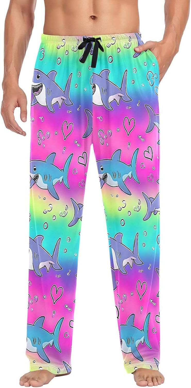 ALAZA Cute Shark Rainbow Hearts Men's Pajama Pants Men Cotton Pajama Bottoms with Pockets, S
