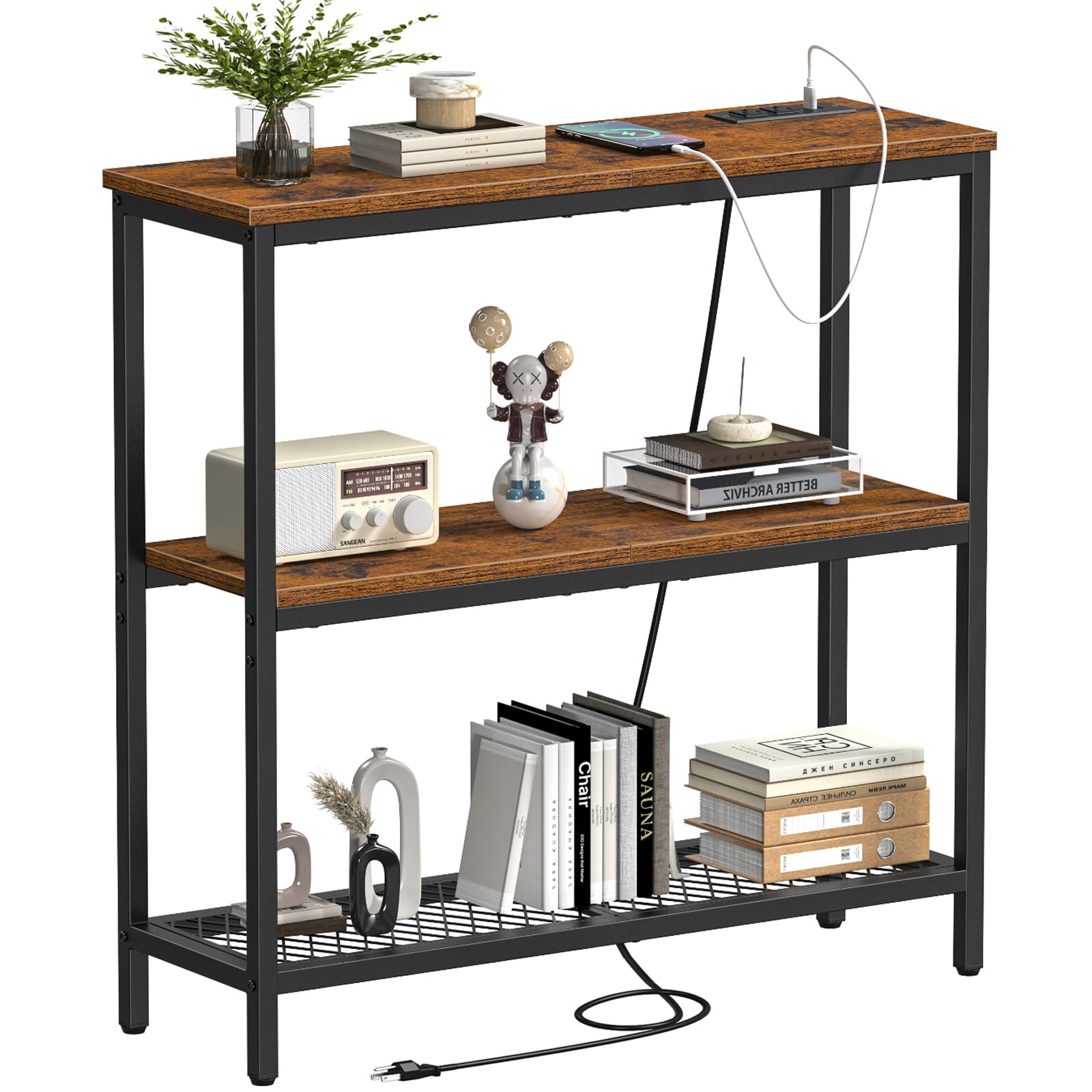 Snughome Console Table with Power Outlets Entryway Table with Storage Narrow Sofa Table with 3 Tier Shelves 2