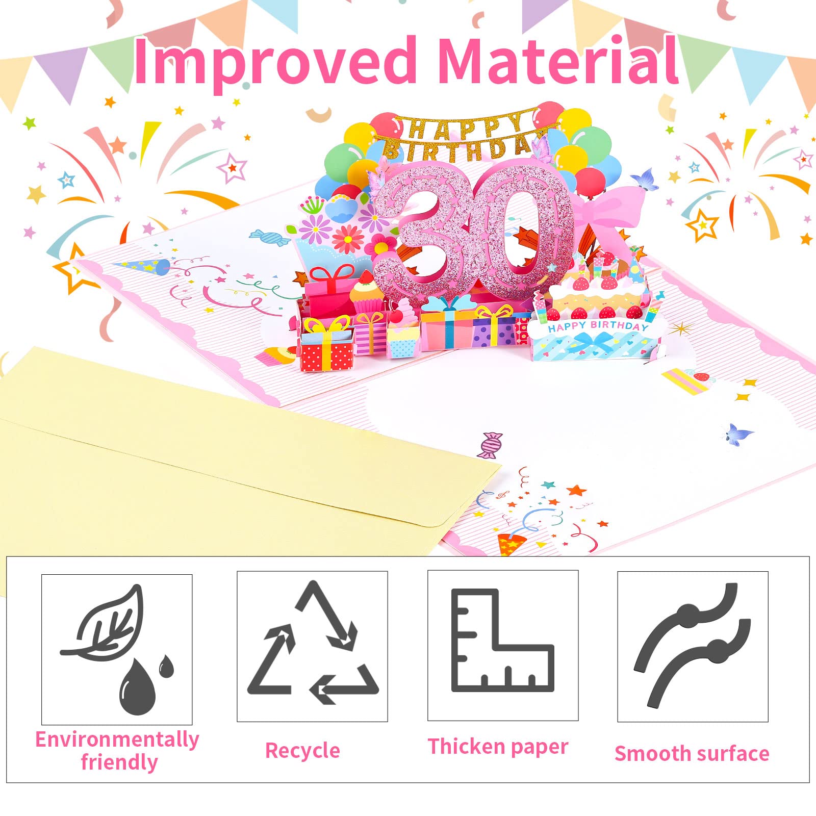 Joyoldelf 30. Kartka urodzinowa, kartka z życzeniami typu pop-up, 3D, kartka urodzinowa z kopertą, dla kobiet, matek, dziewcząt, mężczyzn, przyjaciół, romantycznych kart podarunkowych