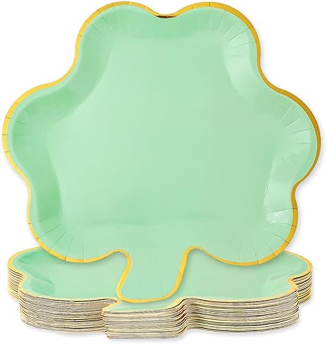 Whaline 40 platos de papel del día de San Patricio, platos desechables con forma de trébol verde menta, platos desechables con bordes de lámina