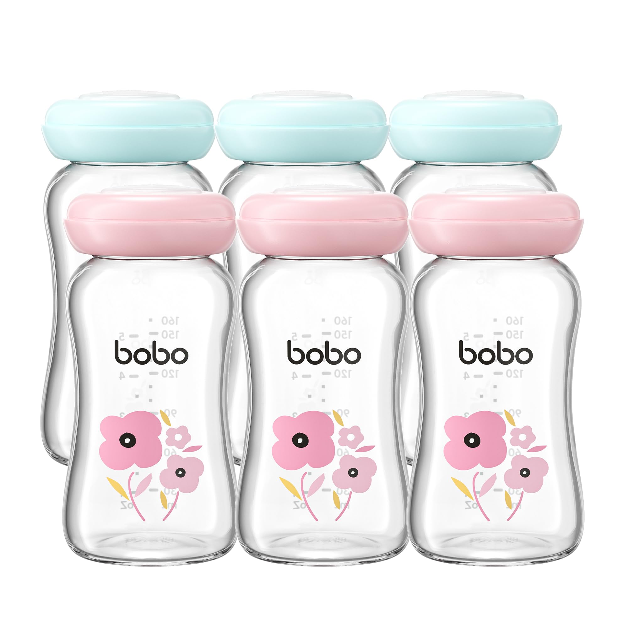 YOHKOH Premium-Glasflaschen für Muttermilch, 6 x 160 ml - zur sicheren Muttermilch Aufbewahrung, spülmaschinen-, gefrier- und mikrowellengeeignet (Mehrfarbig, 160ml (6er Pack))